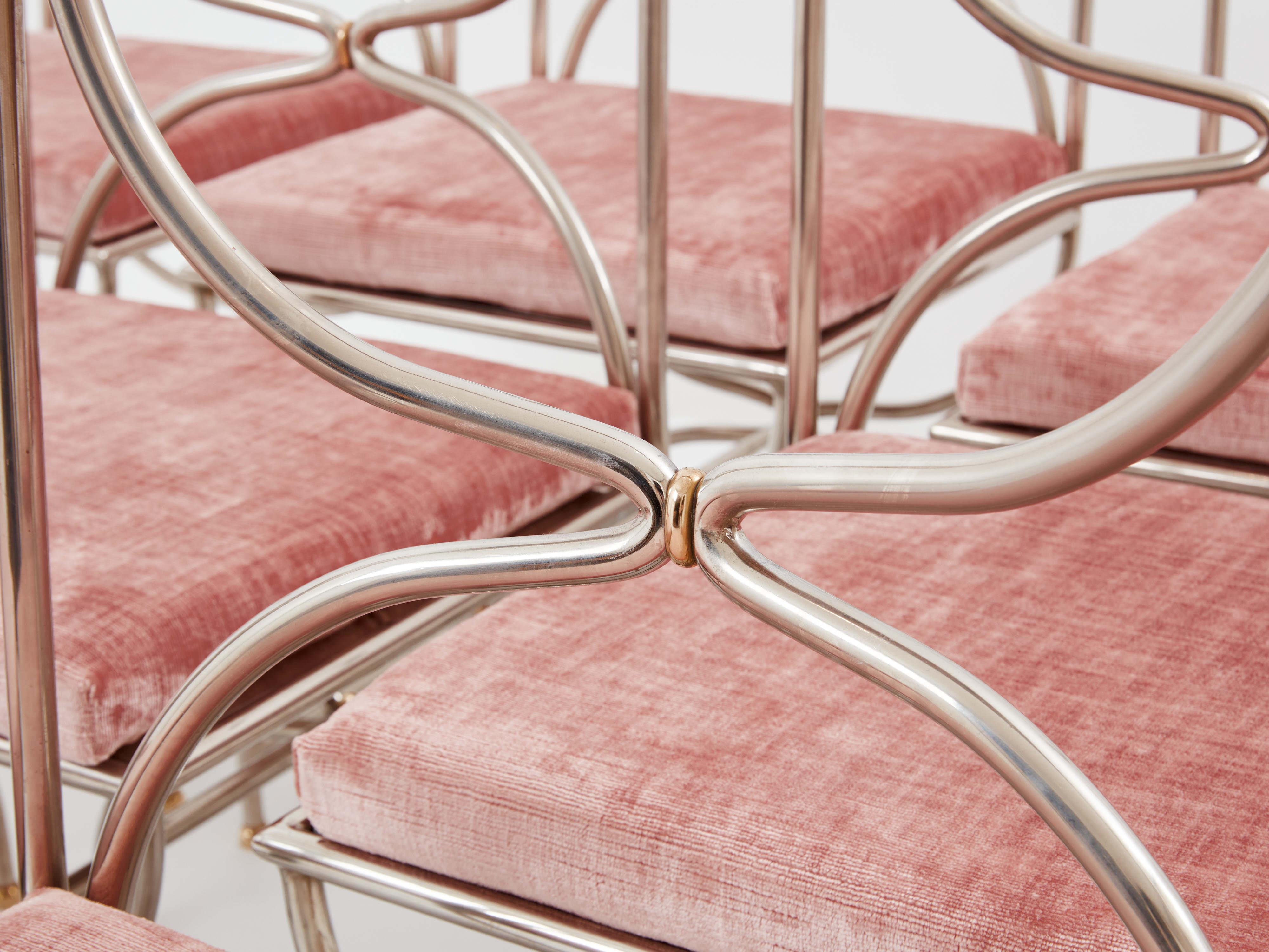 Maison Jansen 12 curule chairs steel brass pink velvet 1960s For Sale 5