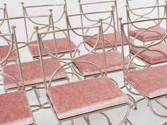 Maison Jansen 12 curule chairs steel brass pink velvet 1960s