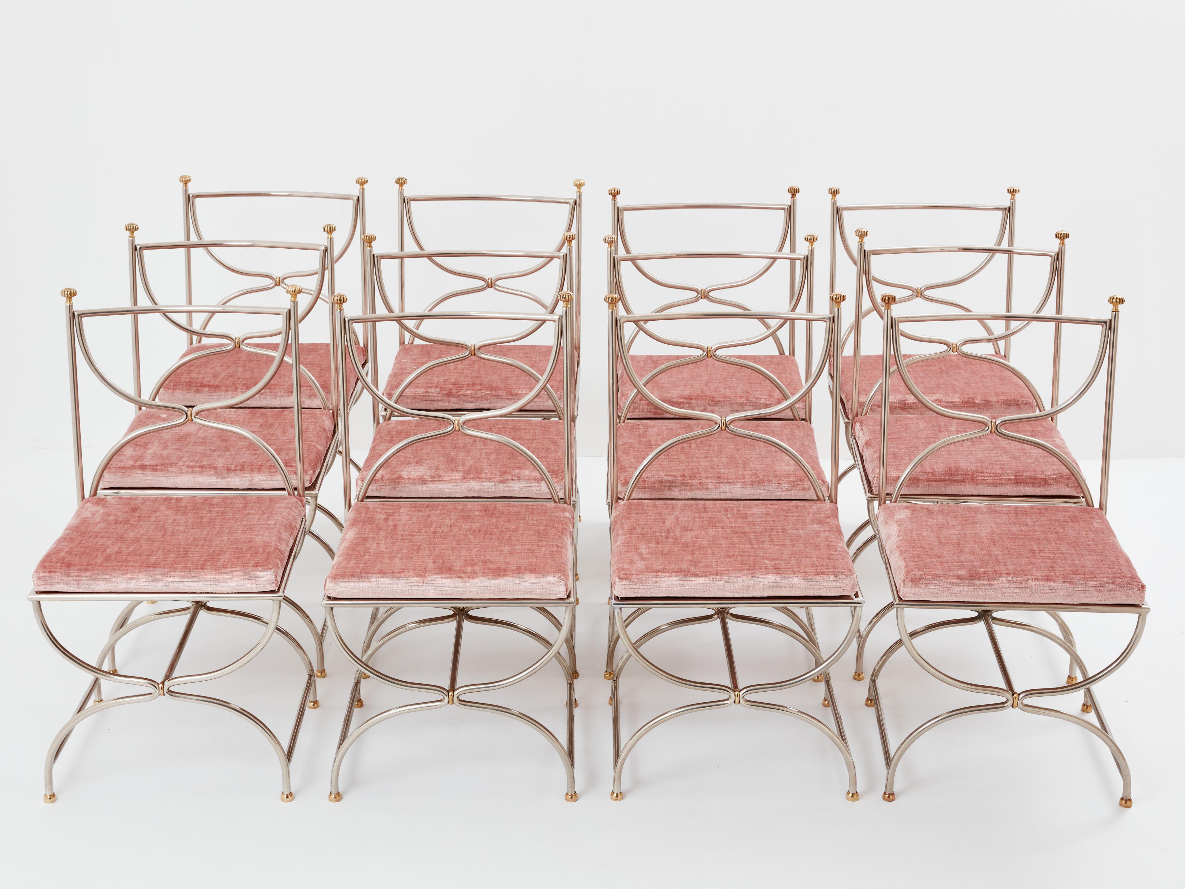 Mid-Century Modern Maison Jansen 12 curule chairs steel brass pink velvet 1960s For Sale