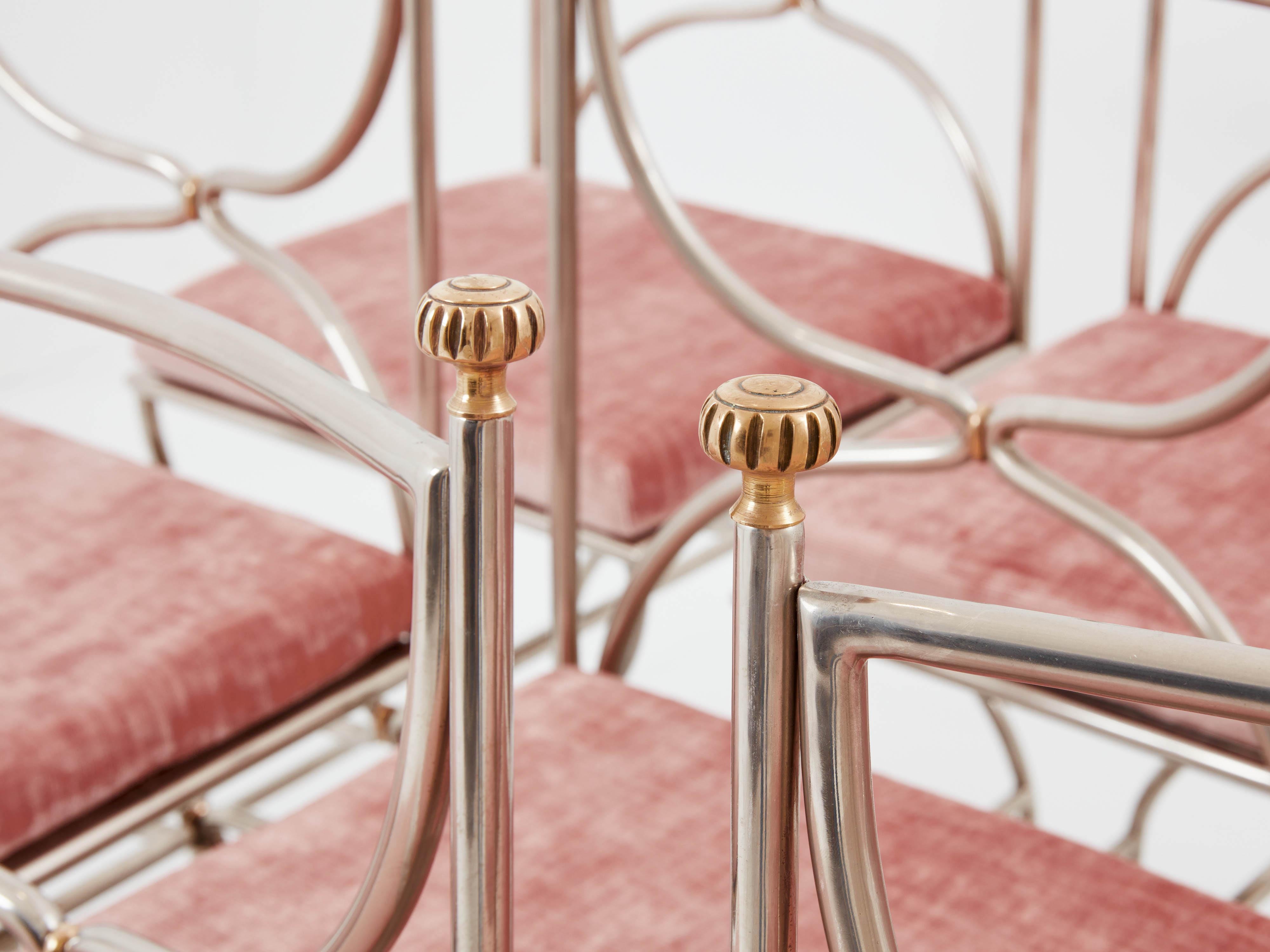 French Maison Jansen 12 curule chairs steel brass pink velvet 1960s For Sale