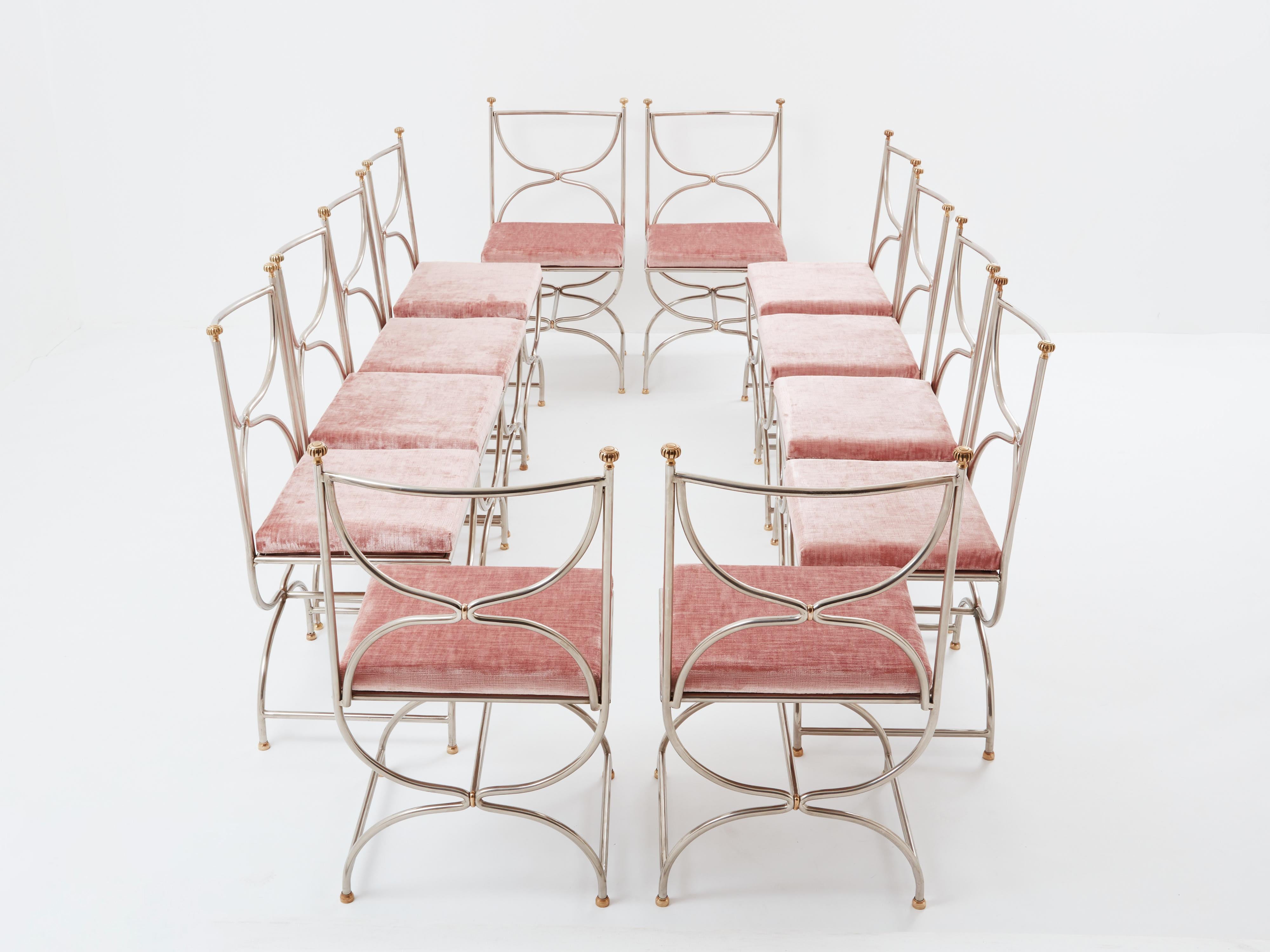 Maison Jansen 12 curule chairs steel brass pink velvet 1960s In Good Condition For Sale In Paris, IDF