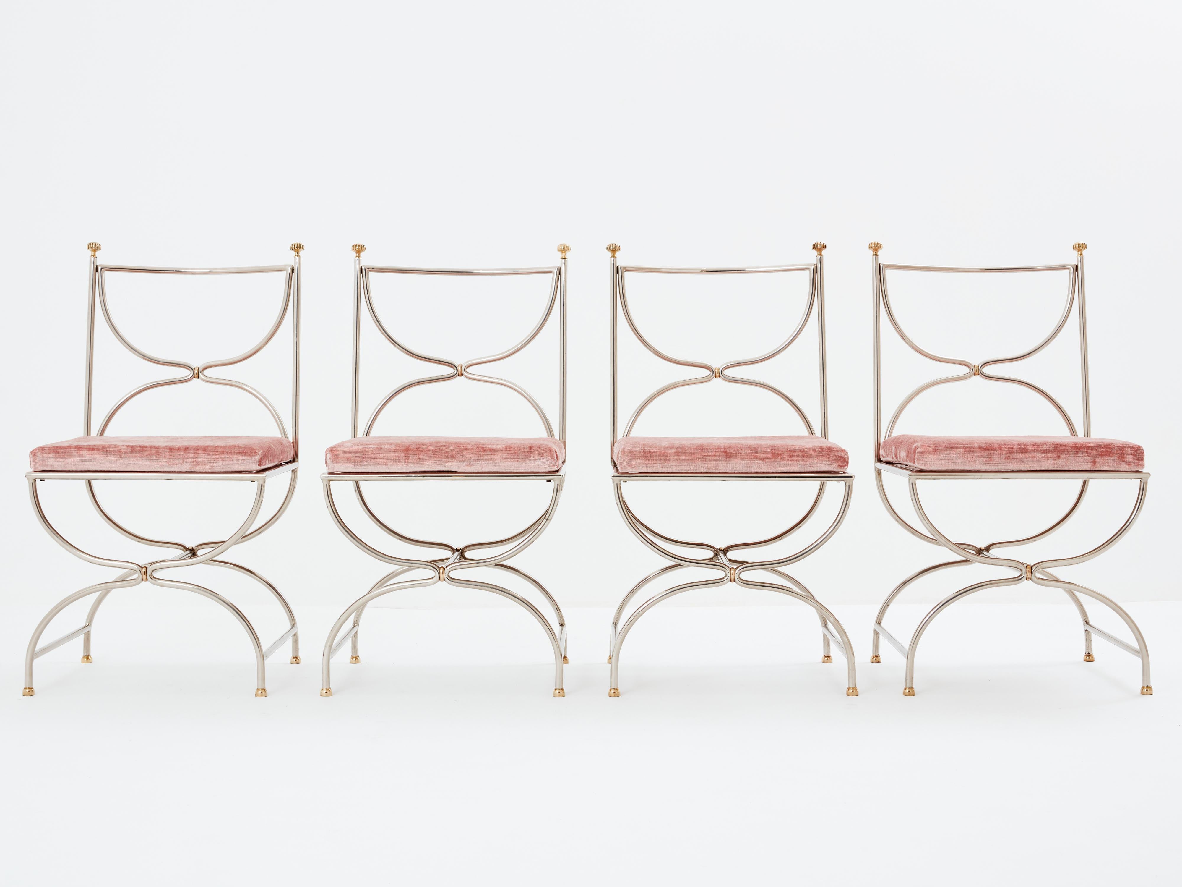Mid-20th Century Maison Jansen 12 curule chairs steel brass pink velvet 1960s For Sale