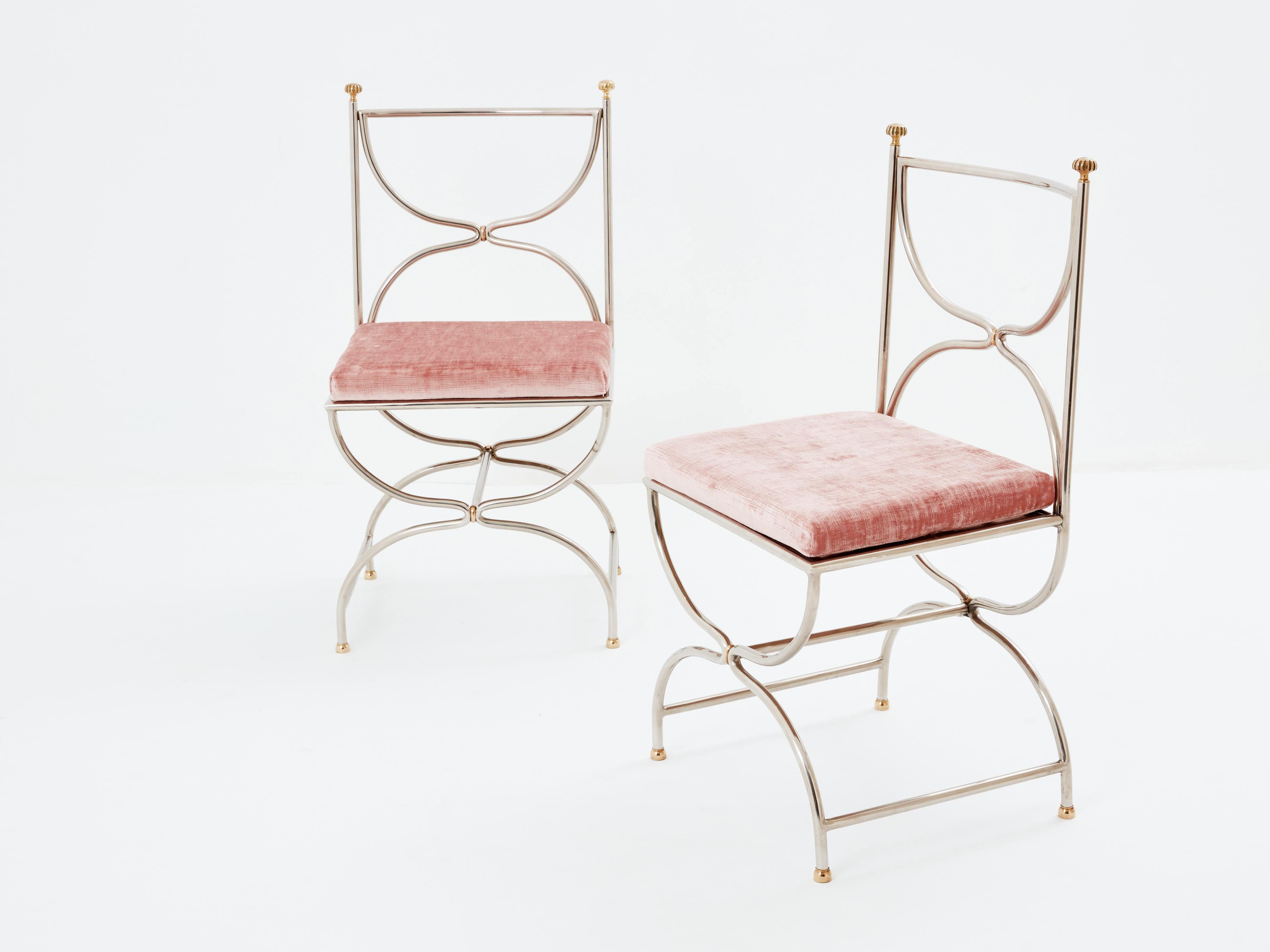 Brass Maison Jansen 12 curule chairs steel brass pink velvet 1960s For Sale