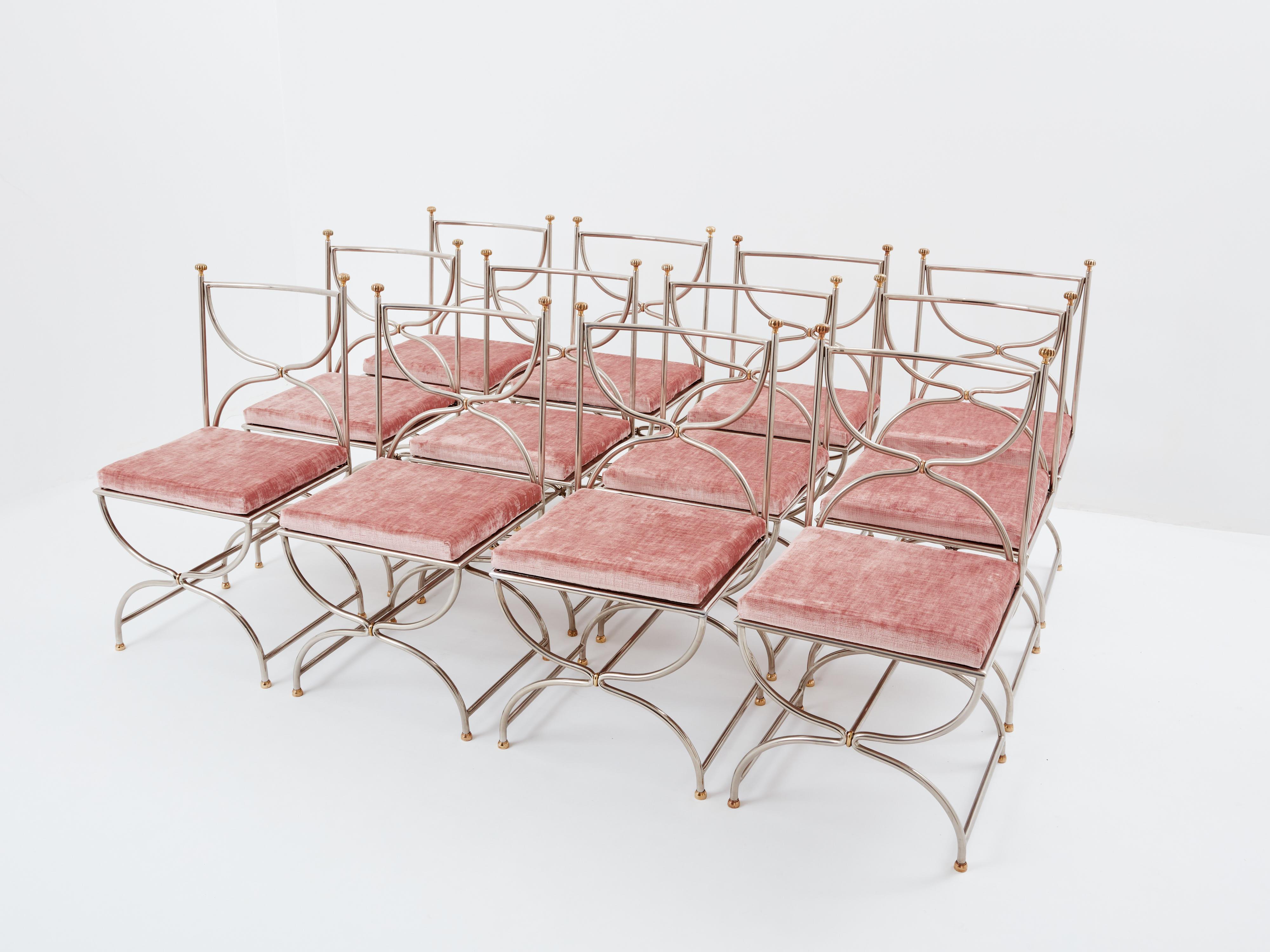 Maison Jansen 12 curule chairs steel brass pink velvet 1960s For Sale 2