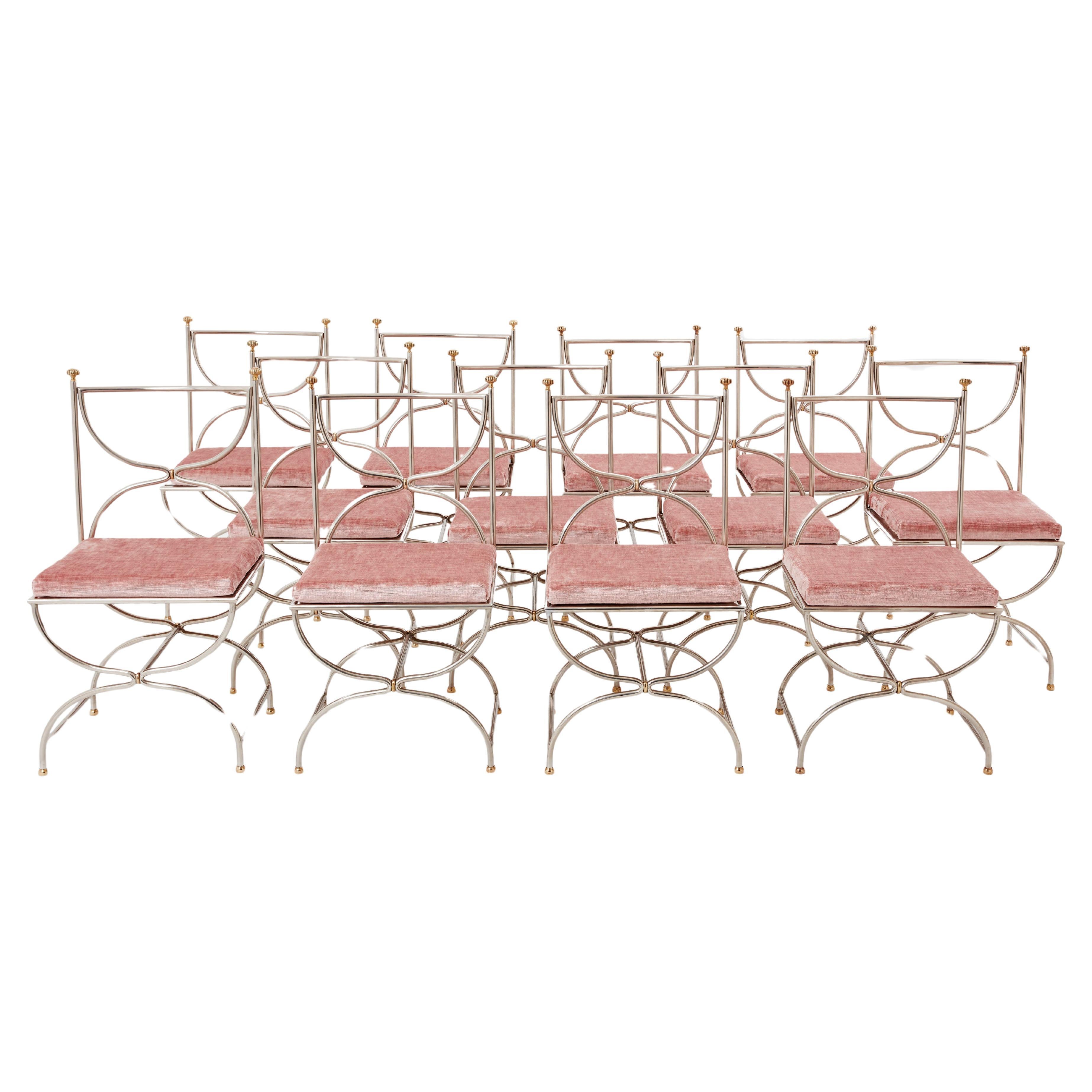 Maison Jansen 12 sillas curule acero latón terciopelo rosa años 60