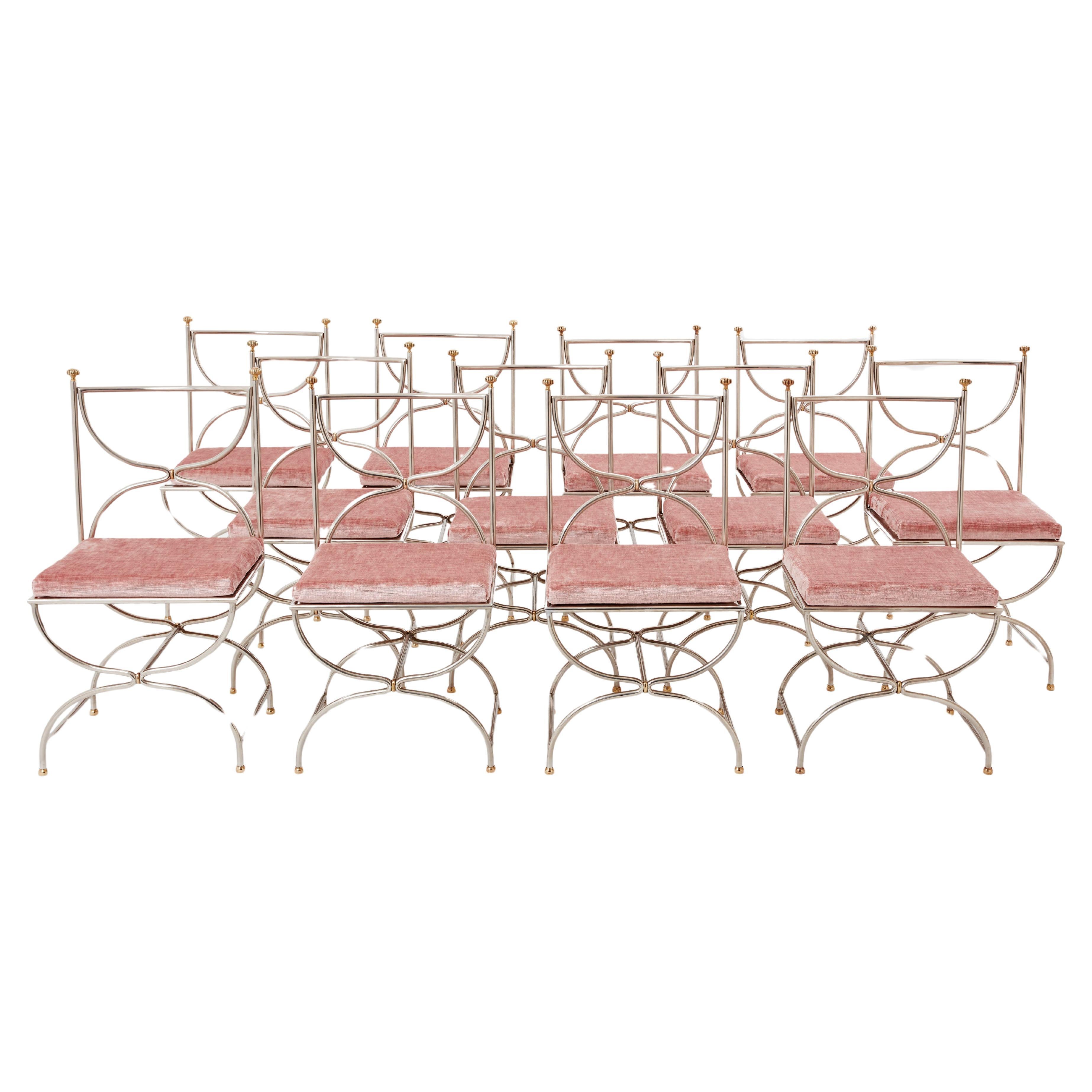 Maison Jansen 12 curule chairs steel brass pink velvet 1960s For Sale