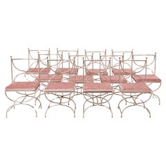 Maison Jansen 12 chaises Curule acier laiton velours rose 1960s