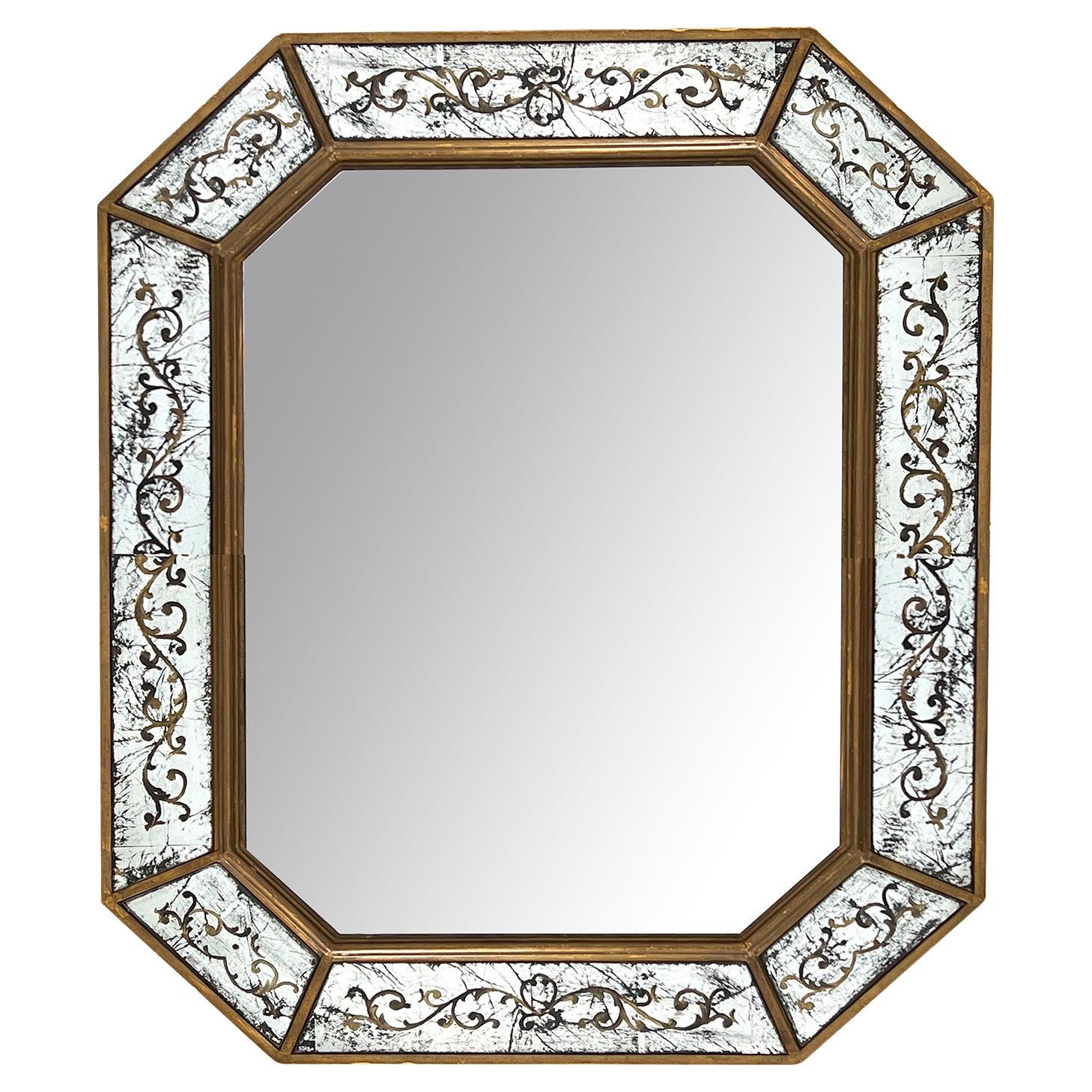 Maison Jansen style Eglomise and Octagonal Giltwood Wall Mirror
