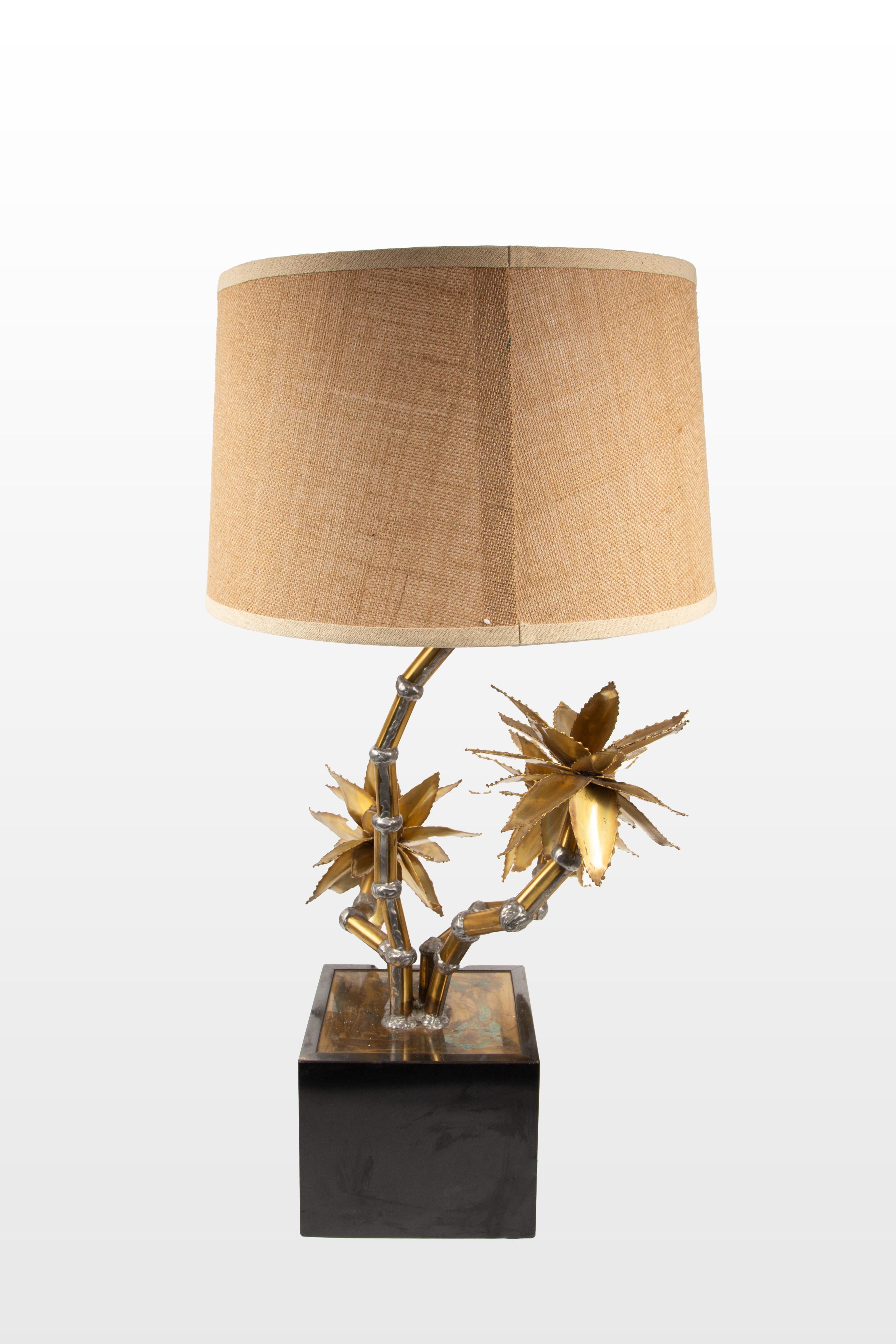 Wood Maison Jansen 1970s Brass Flower Lamp with Black Base