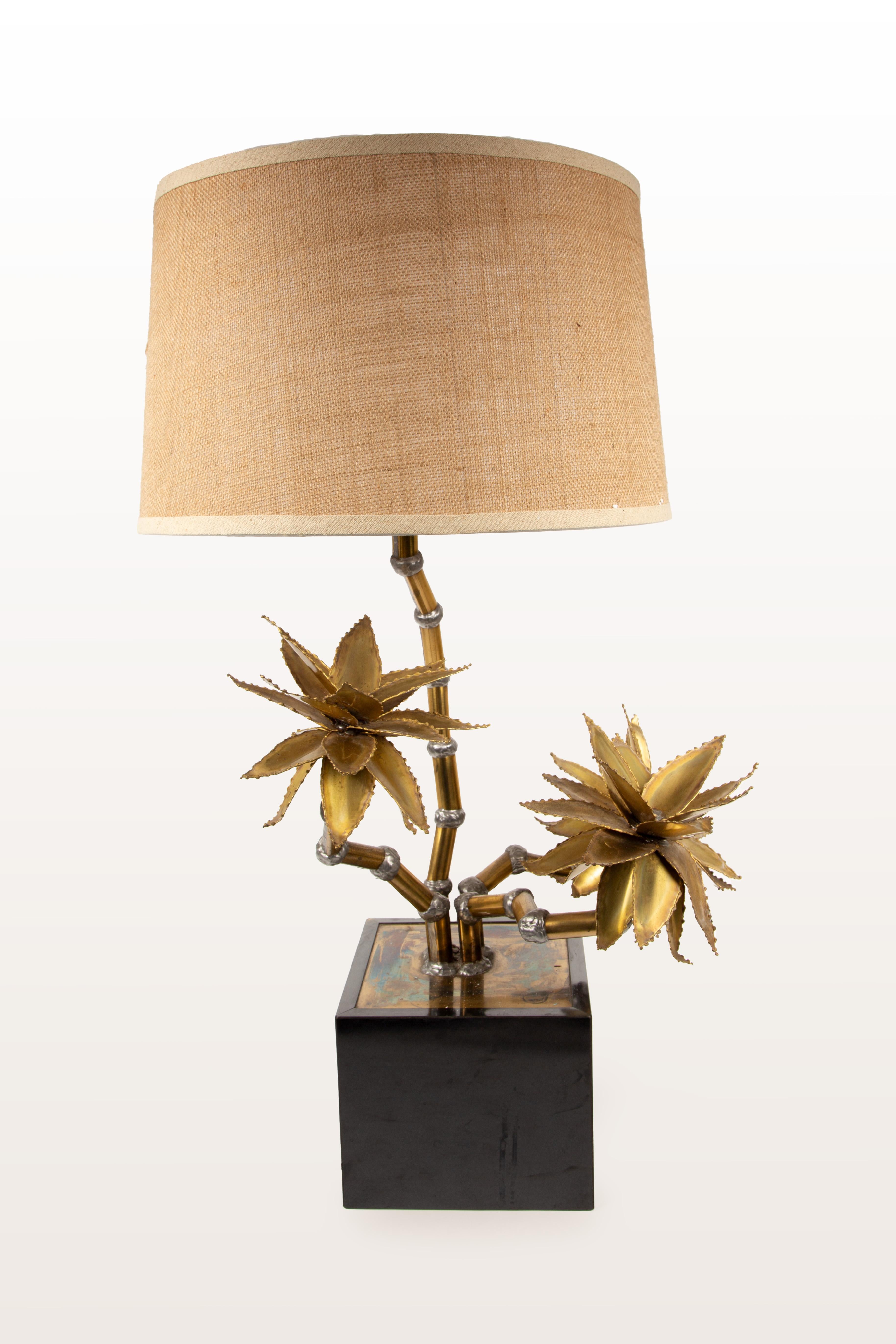 Maison Jansen 1970s Brass Flower Lamp with Black Base 1