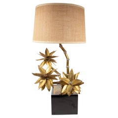 Maison Jansen 1970s Brass Flower Lamp with Black Base