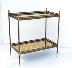 Maison Jansen 2-Tier French Neoclassical Brass Side Table Gold cloudy Mirror 60s