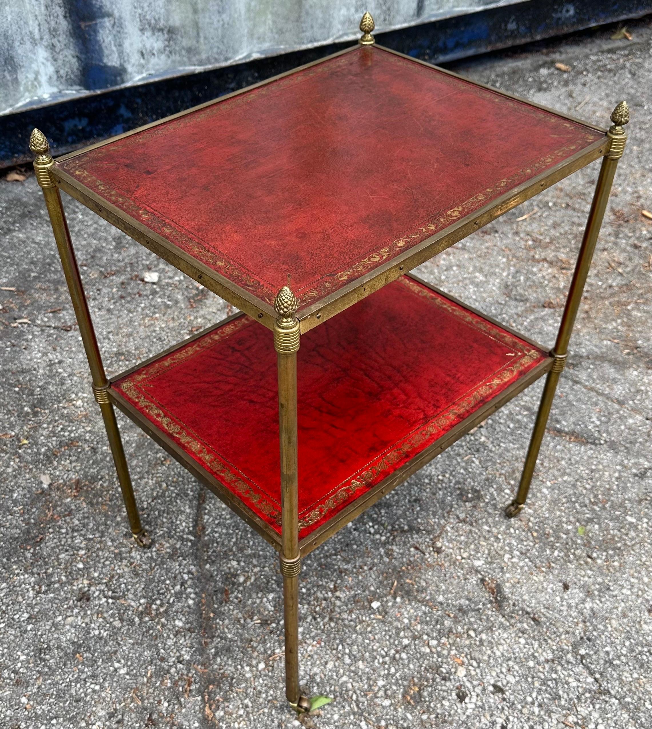 Neoclassical Maison Jansen 2 tier Leather and Brass coffee Table For Sale