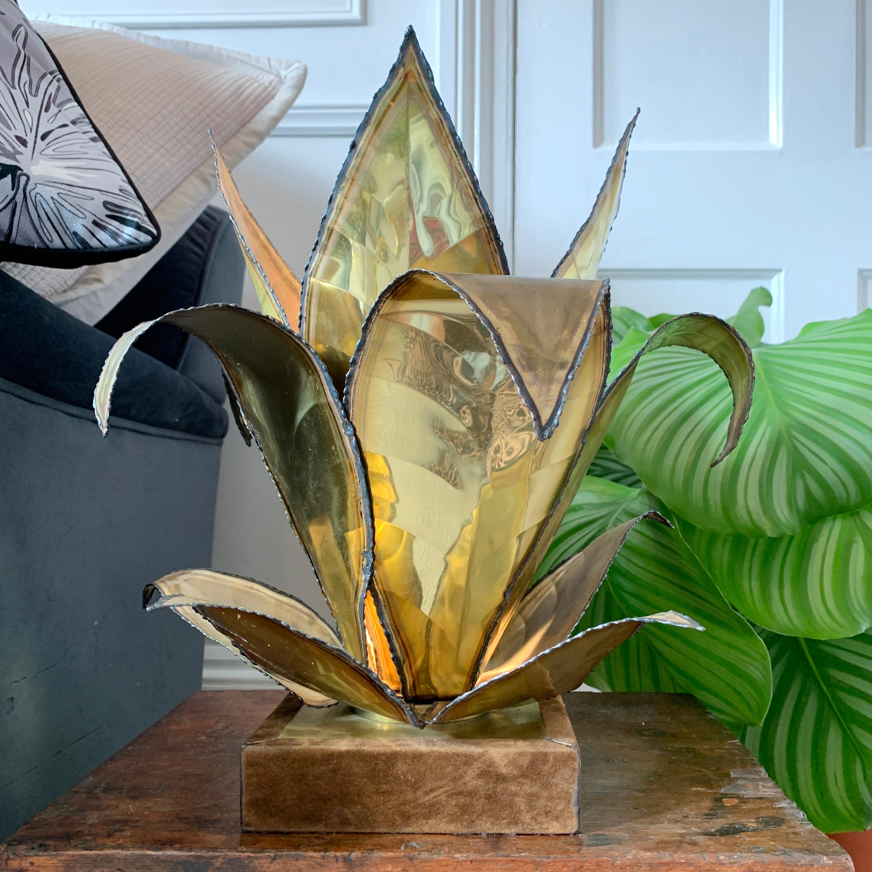 A fabulous 1960's Maison Jansen table lamp in the the form of an Aloe Vera plant, constructed entirely of burnished brass, the wide tall leaves stretch upward with a single lamp holder to the centre.

The base is covered in mink tone