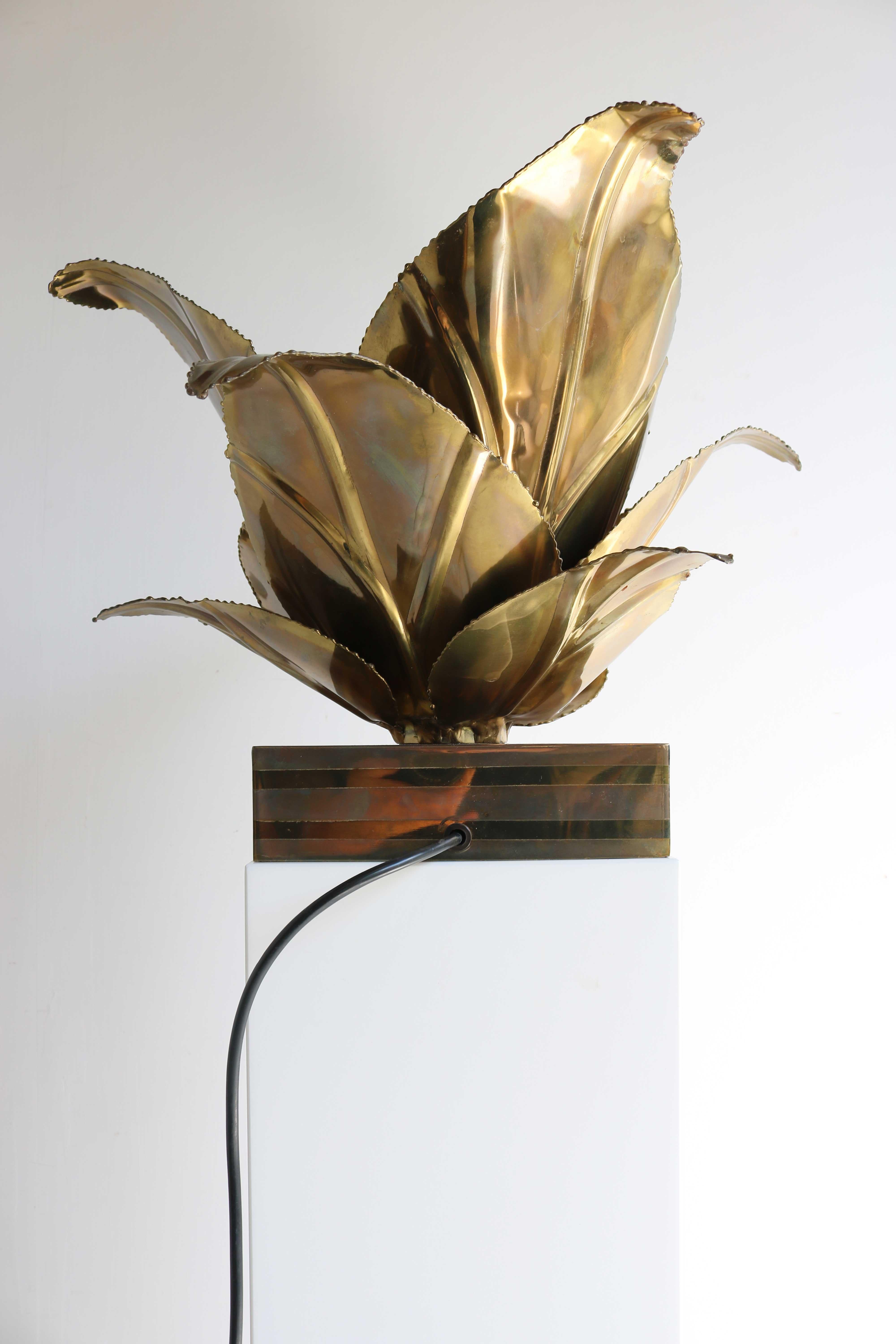 Maison Jansen Aloe Vera Plant Table Lamp, Regency Floral Table Light, Brass 60s For Sale 3