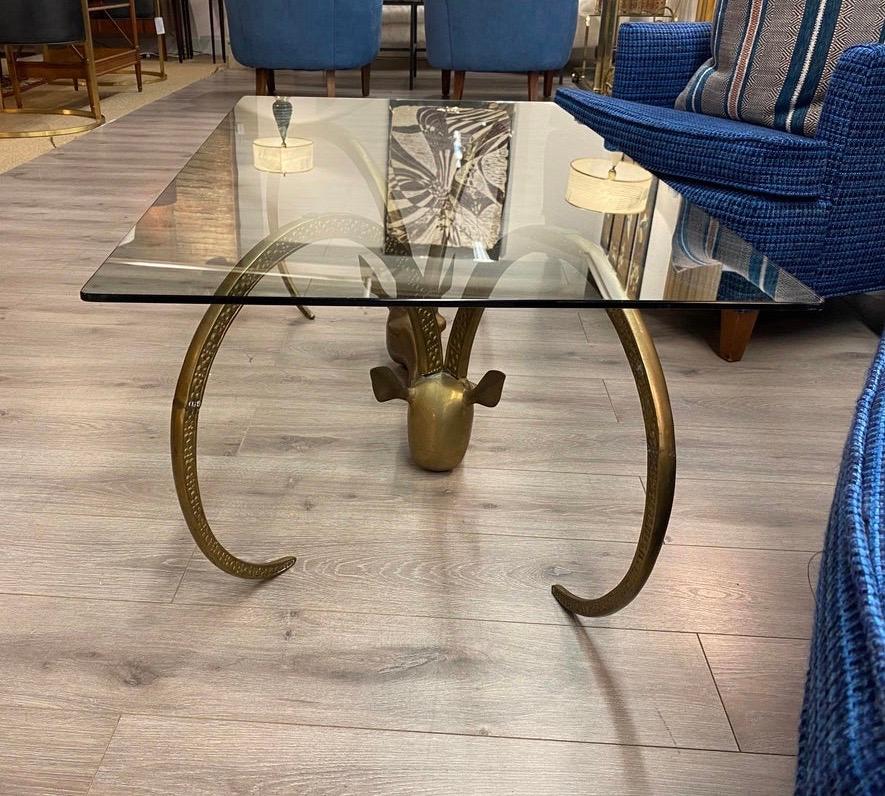 French Maison Jansen and Chervet Style Brass Rams Head Glass Cocktail Coffee Table