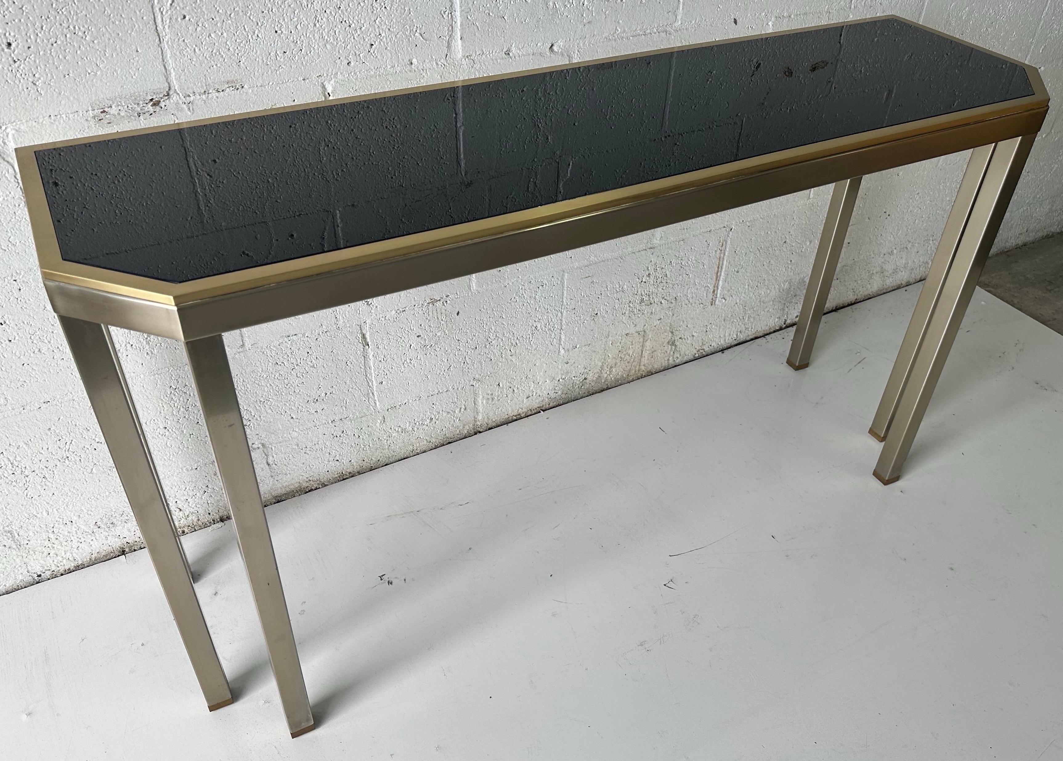 Consola de 6 pies de acero cepillado y opalina negra Maison Jansen y Guy Lefevre en venta 4