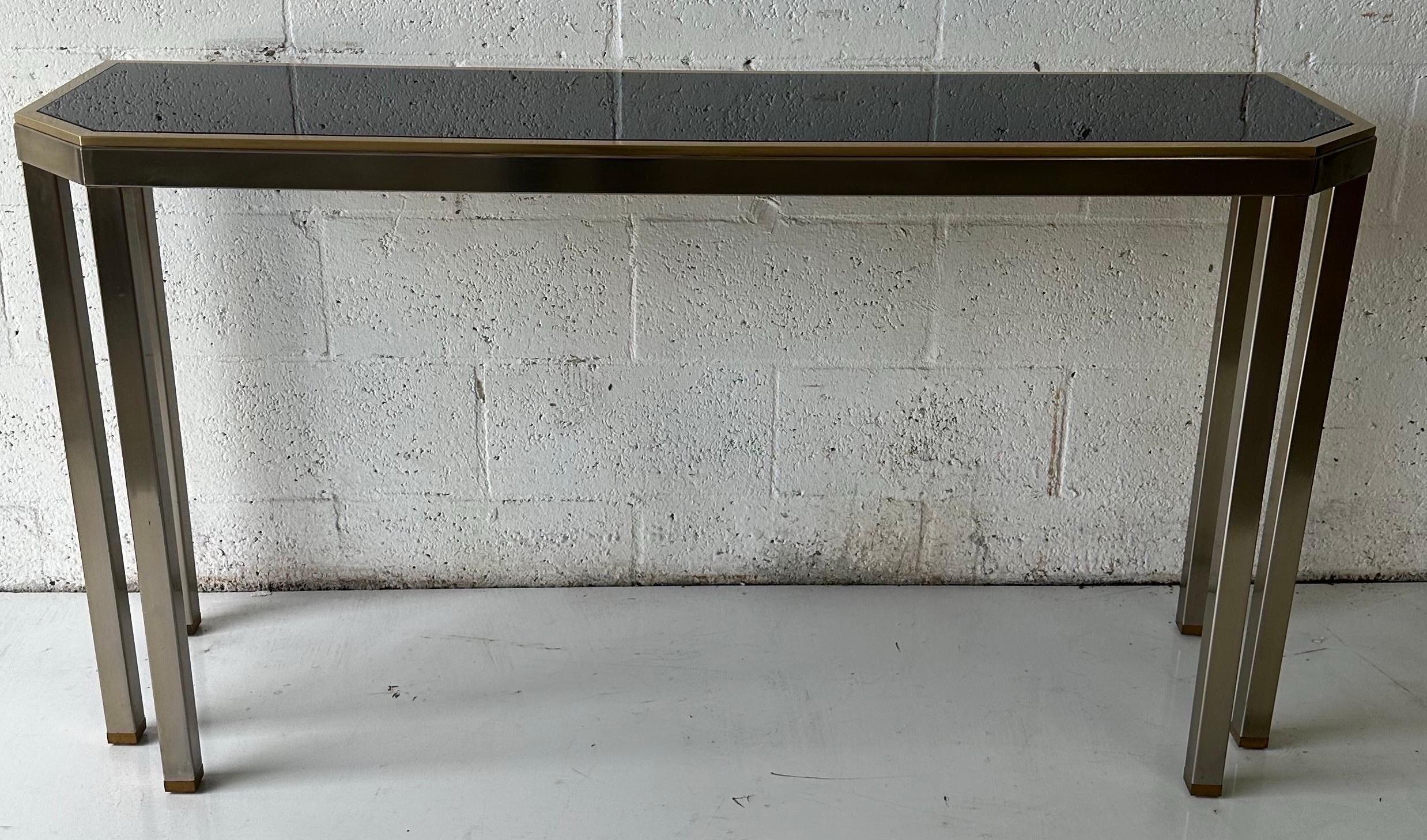 Consola de 6 pies de acero cepillado y opalina negra Maison Jansen y Guy Lefevre en venta 6