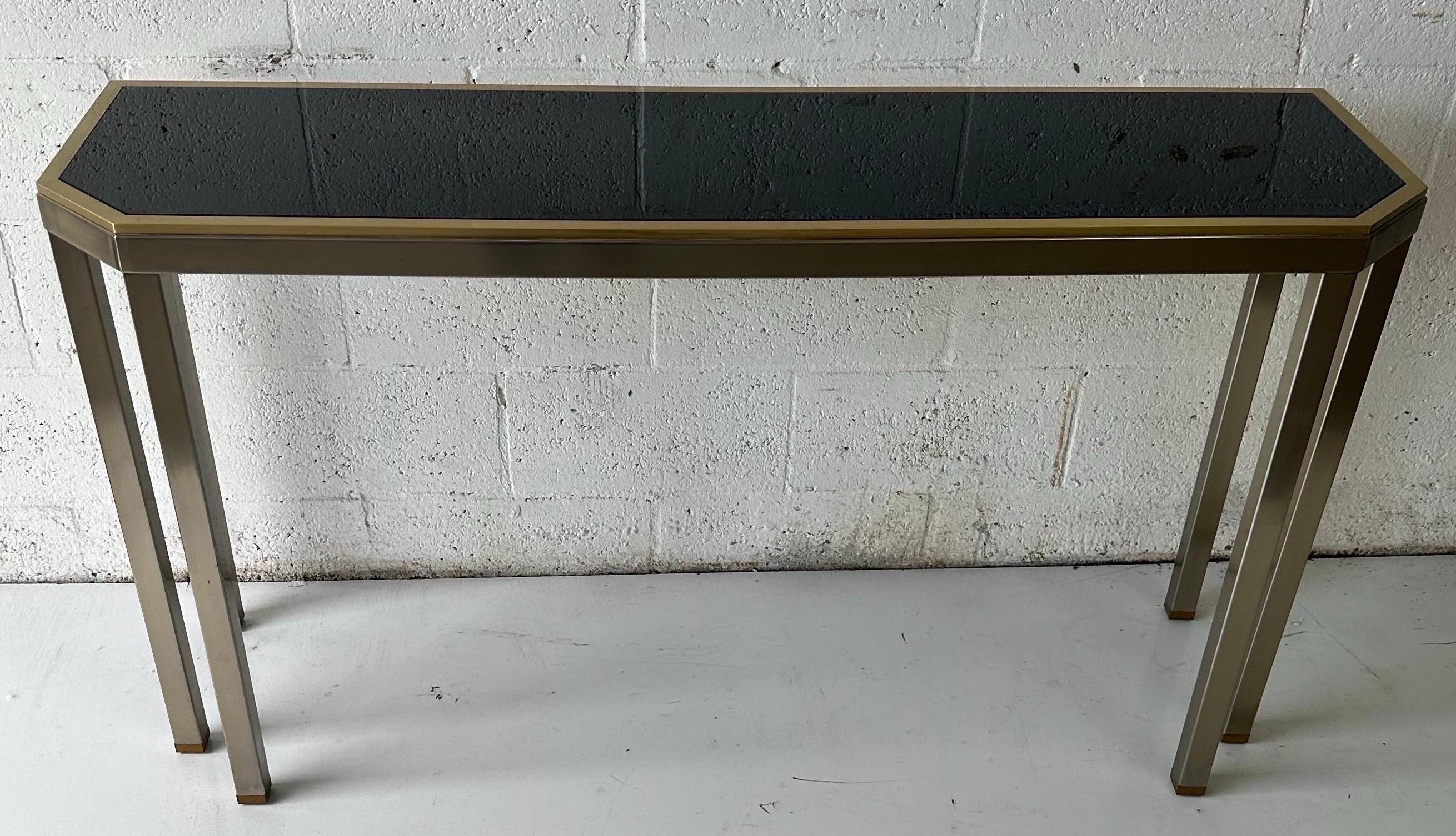 Consola de 6 pies de acero cepillado y opalina negra Maison Jansen y Guy Lefevre en venta 8