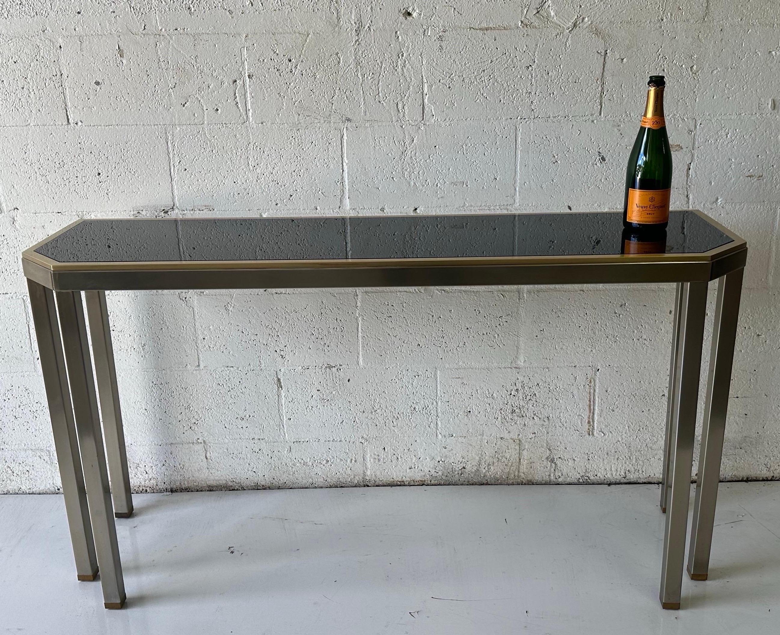 Consola de 6 pies de acero cepillado y opalina negra Maison Jansen y Guy Lefevre en venta 10