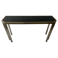Console de 6 pieds Maison Jansen et Guy Lefevre en acier brossé et opaline noire