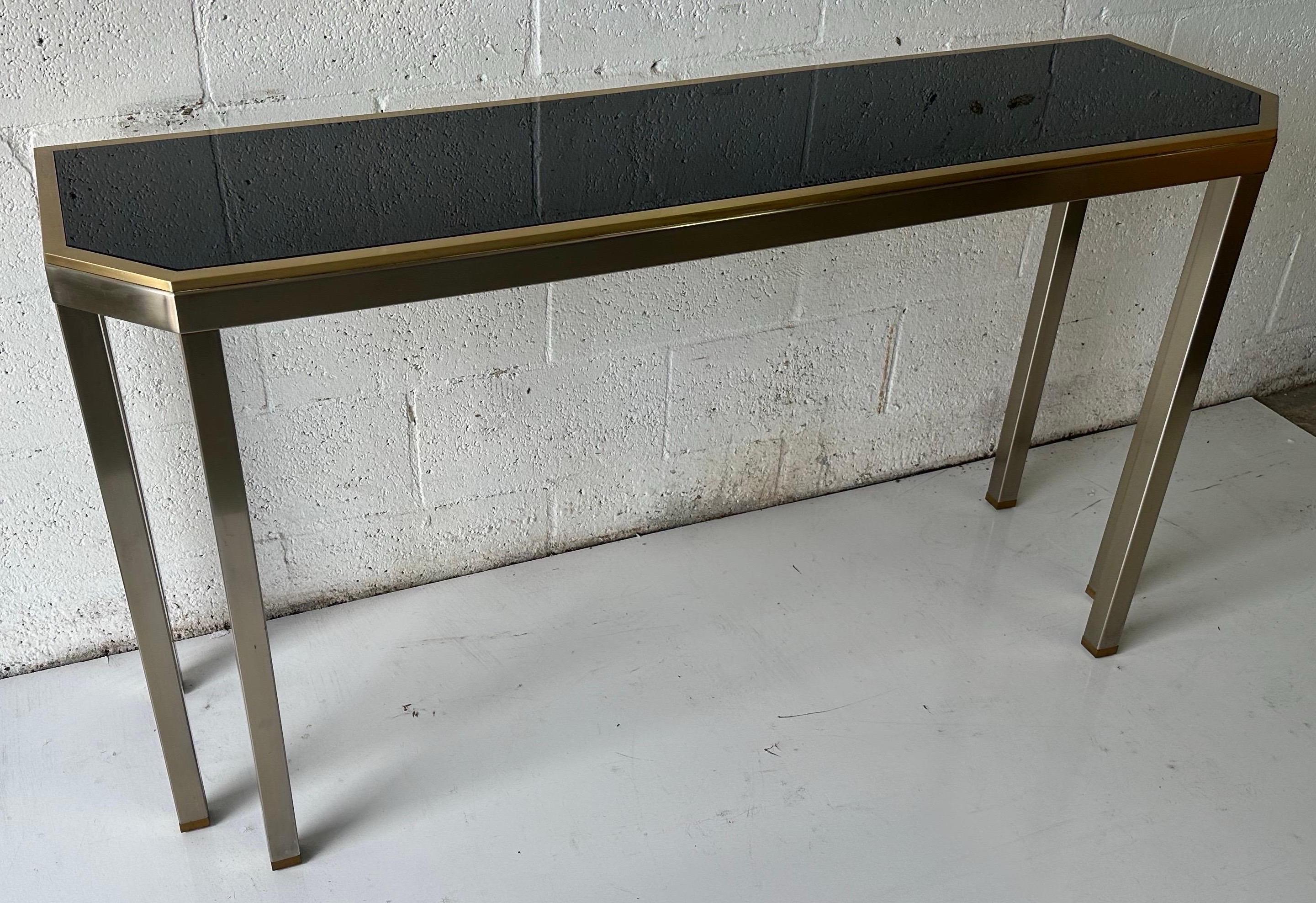 Consola de 6 pies de acero cepillado y opalina negra Maison Jansen y Guy Lefevre Moderno de mediados de siglo en venta