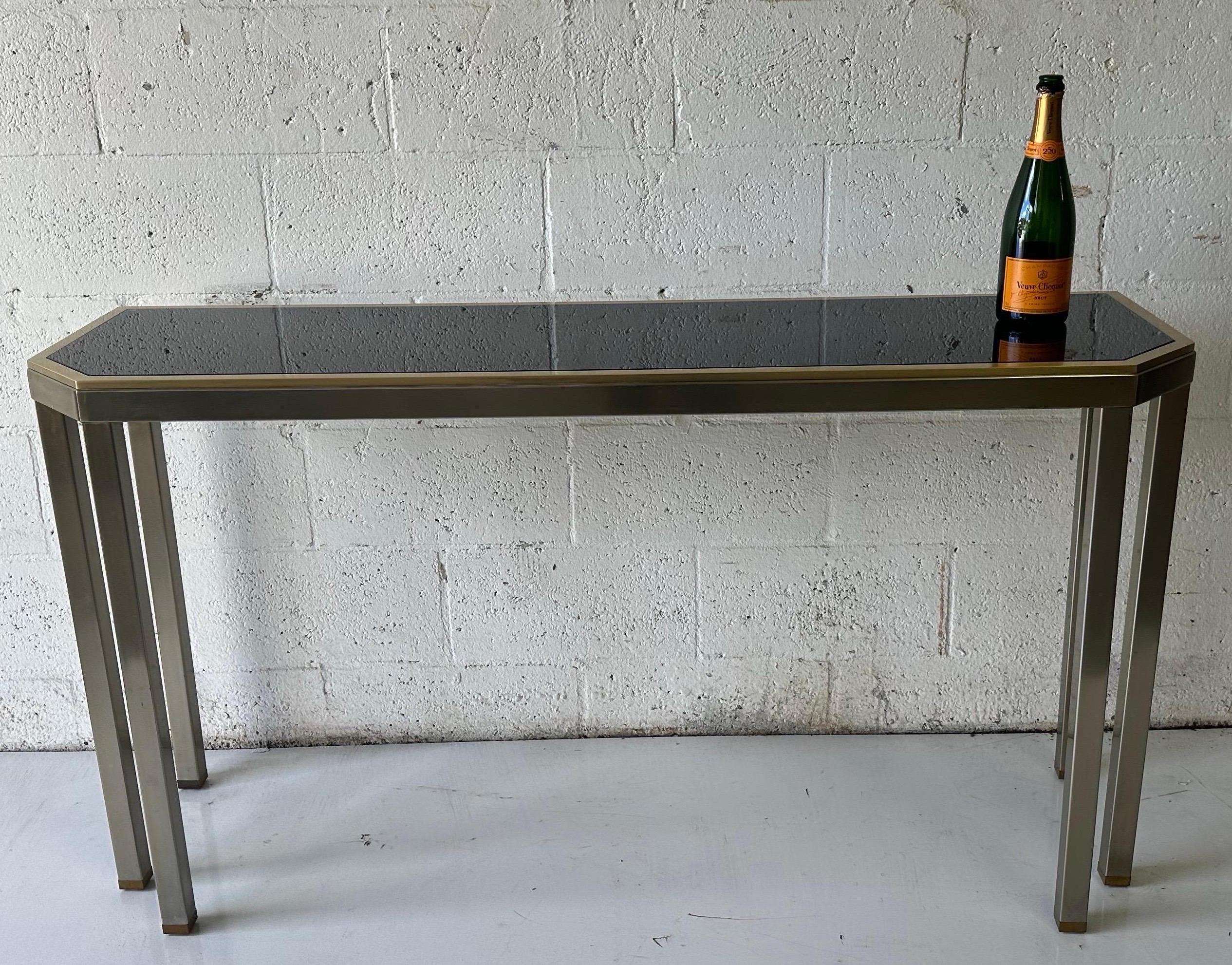 Consola de 6 pies de acero cepillado y opalina negra Maison Jansen y Guy Lefevre en venta 13