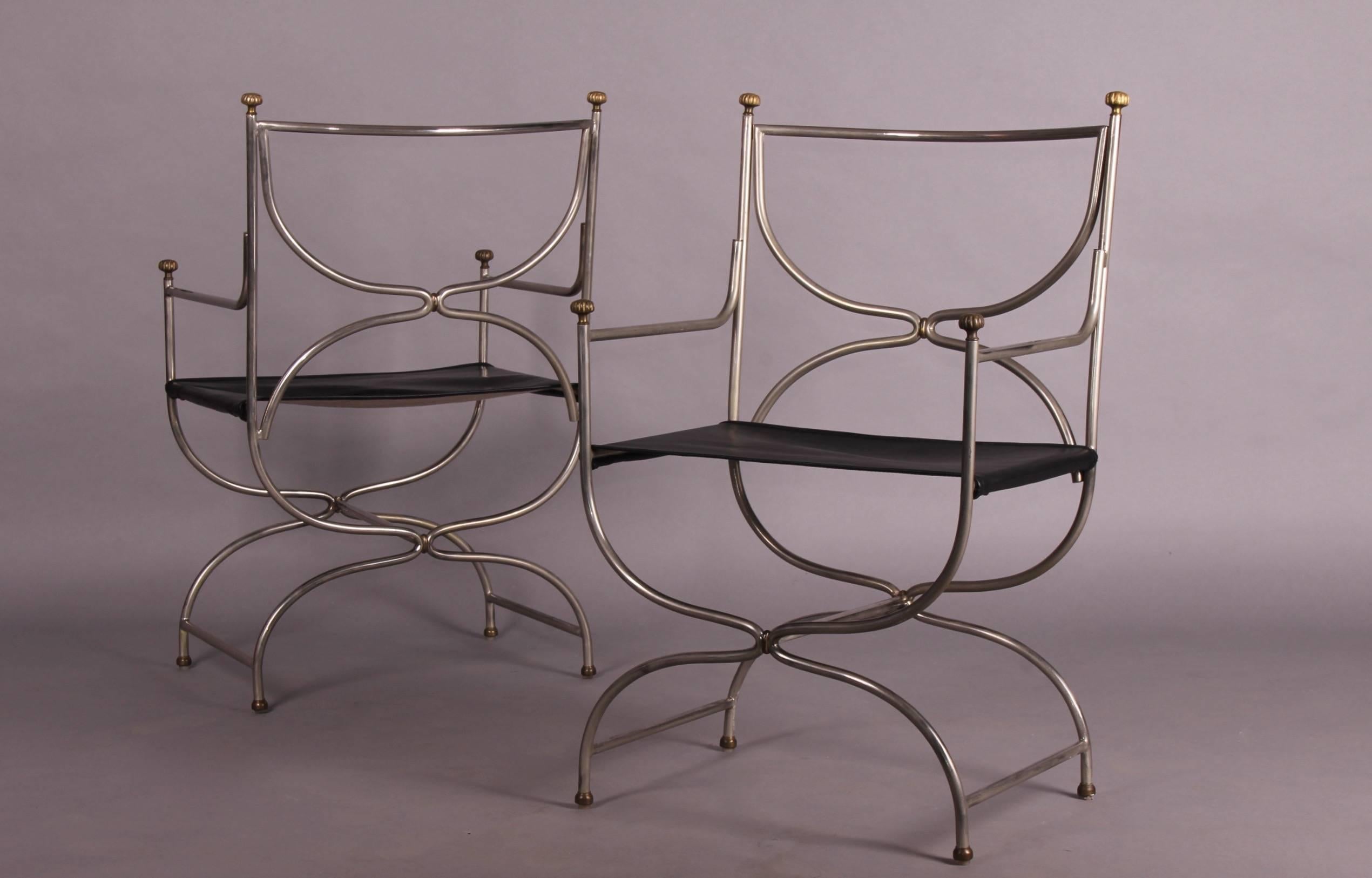 Maison Jansen armchairs pair, stainless steel, solid brass and black leather.