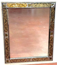 Maison Jansen (Atrib.) Eglomise Gilt Neoclassical Floral Trellis Jeweled Mirror