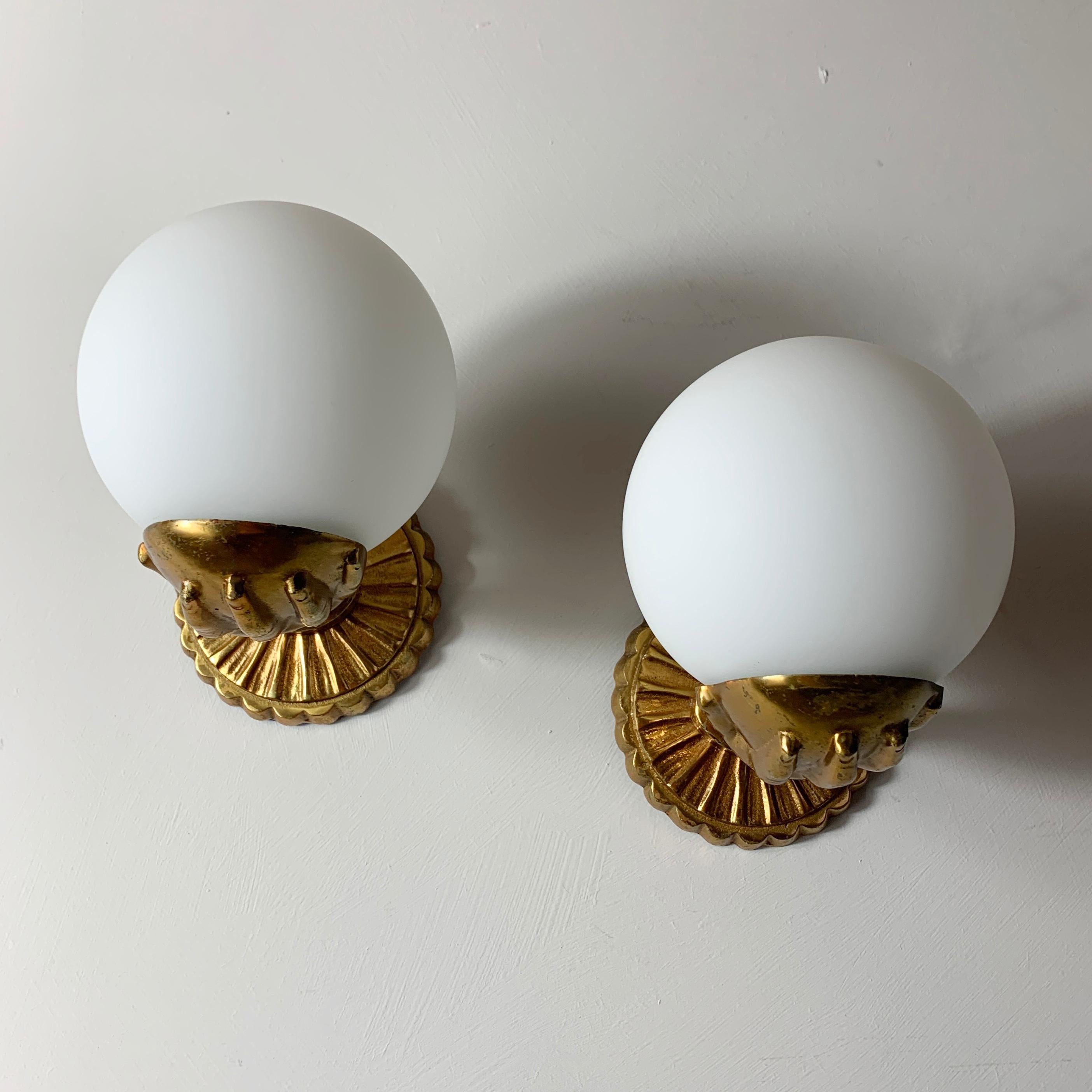 French Maison Jansen Attributed, Brass Hand and Globe Wall Lights