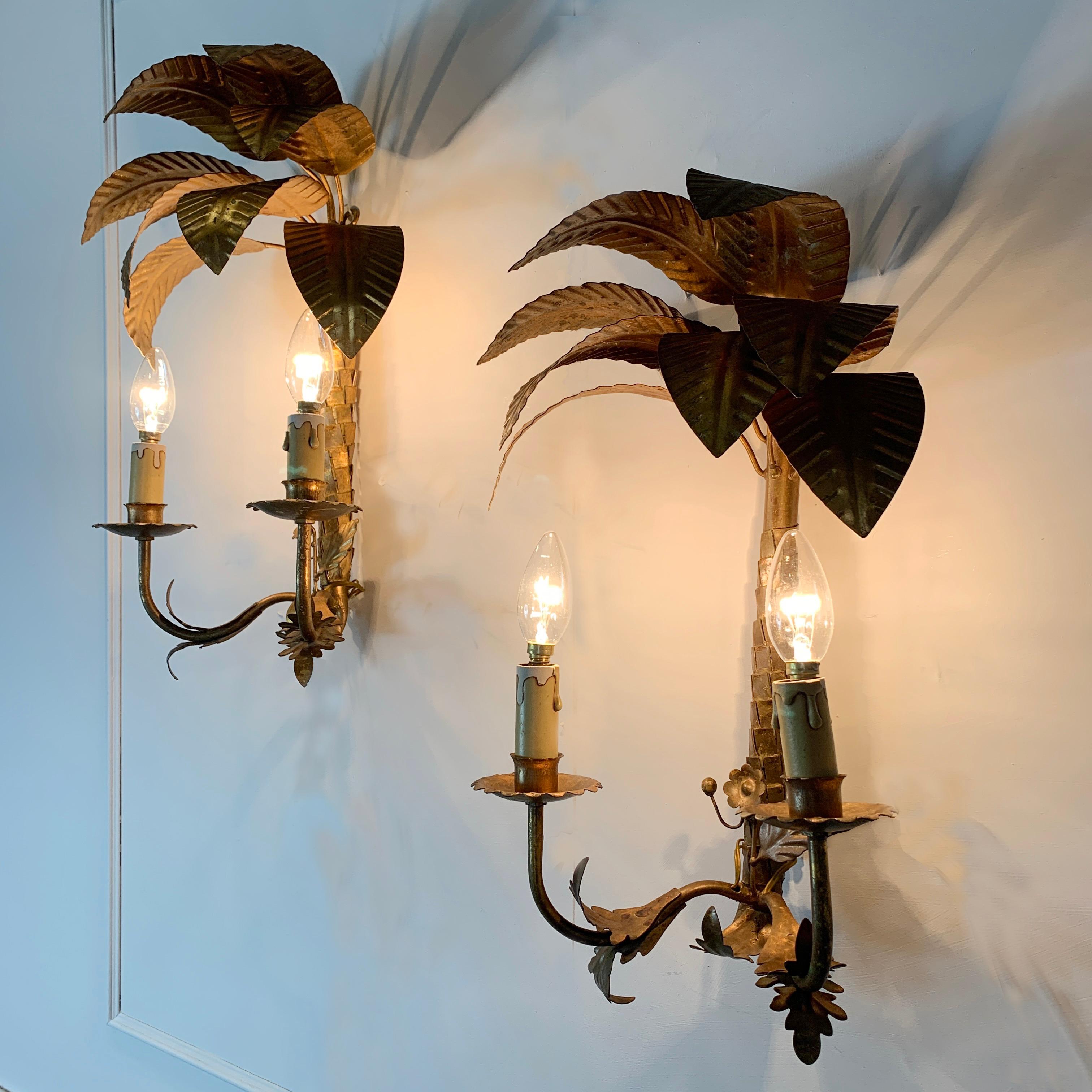 French Maison Jansen Attributed Palm Tree Wall Lights, circa 1960s