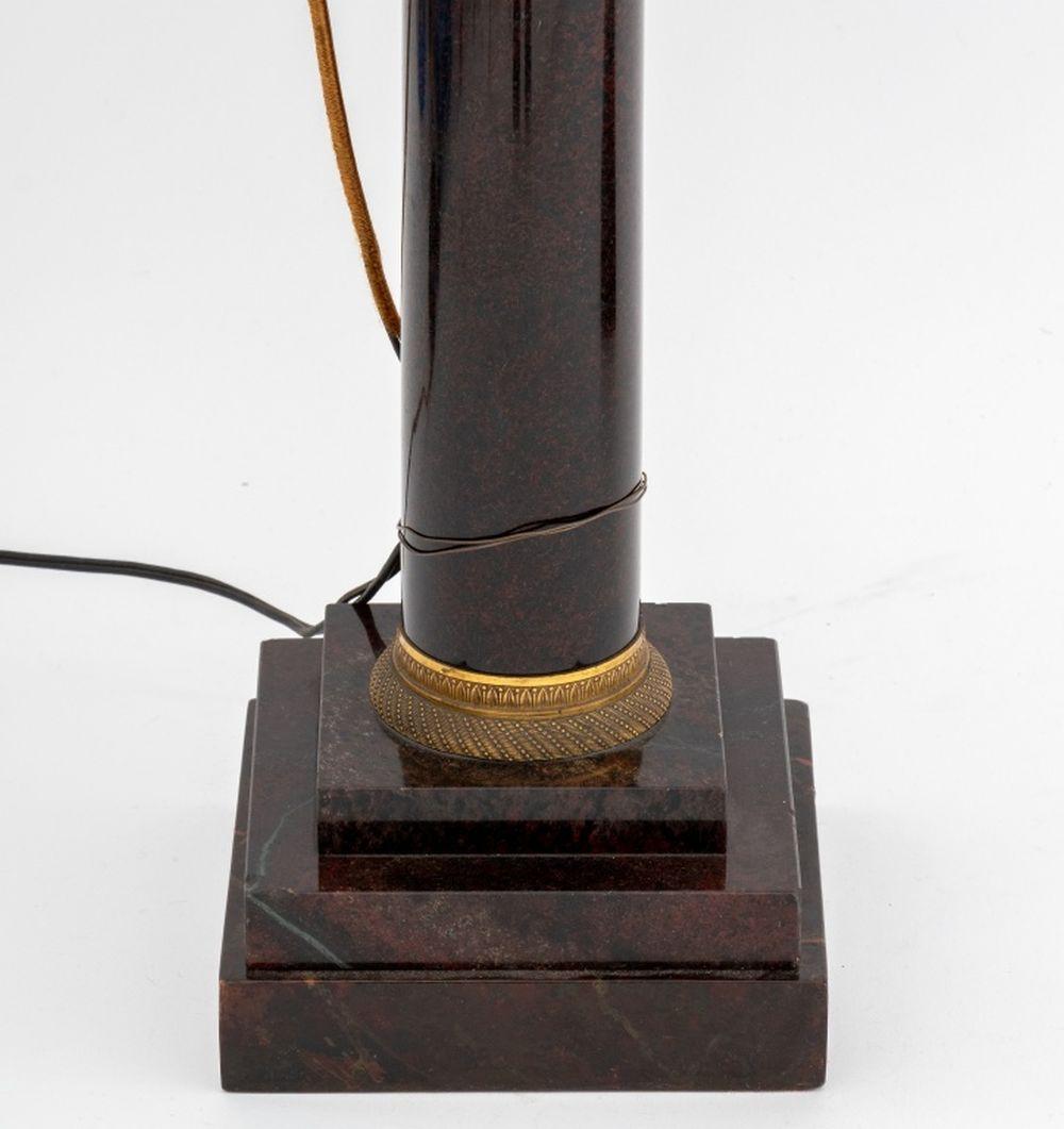 Paar österreichische, messingmontierte, säulenförmige Lampen aus schwarzem Marmor, jede mit einem Tole-Peinte-Schirm und einem gestuften Marmorsockel, montiert auf einem Holzsockel aus Kunstmarmor, mit dem Stempel 