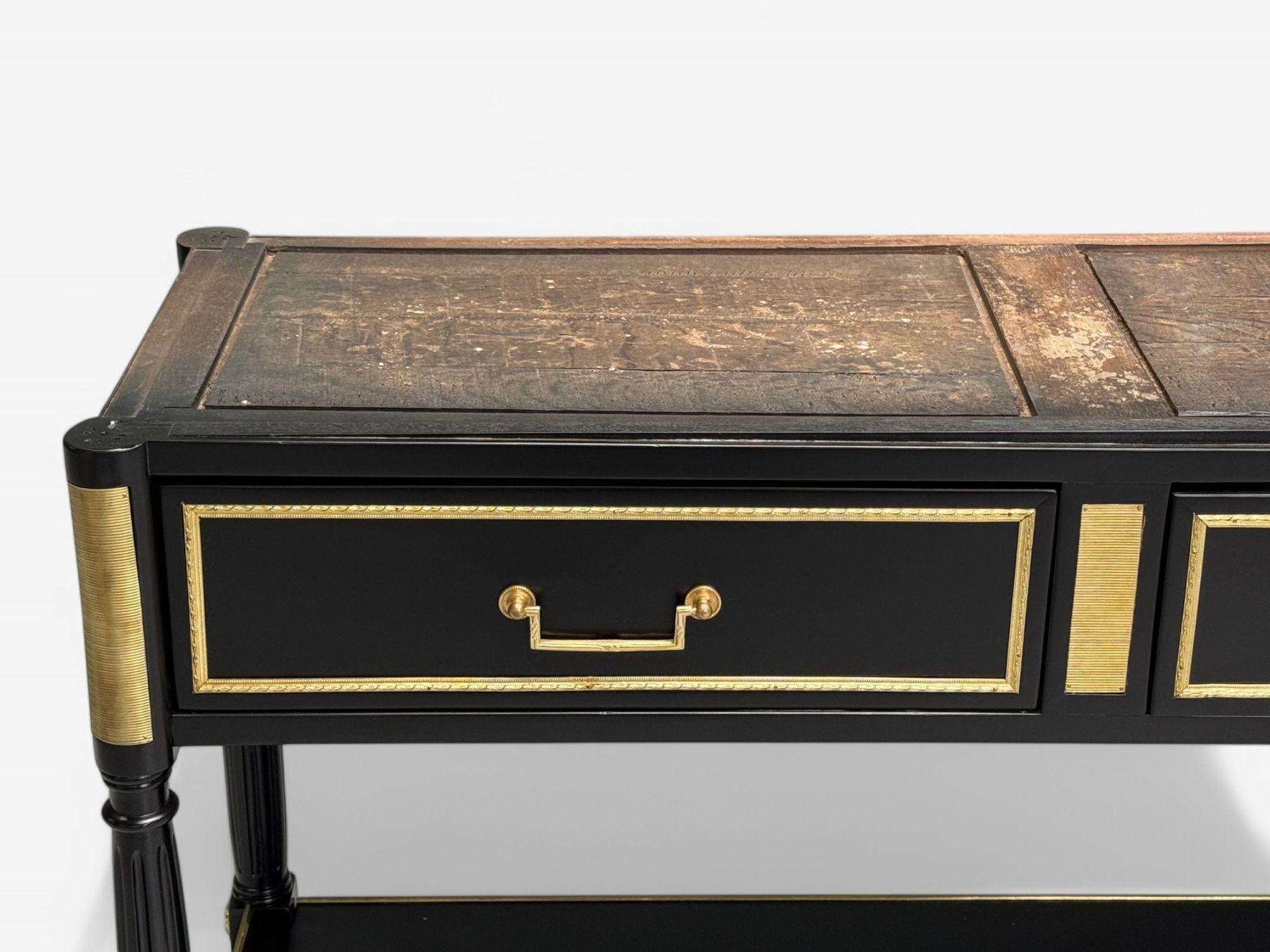 Maison Jansen attr, Hollywood Regency, Satin Black Mahogany, Large Console Table For Sale 7