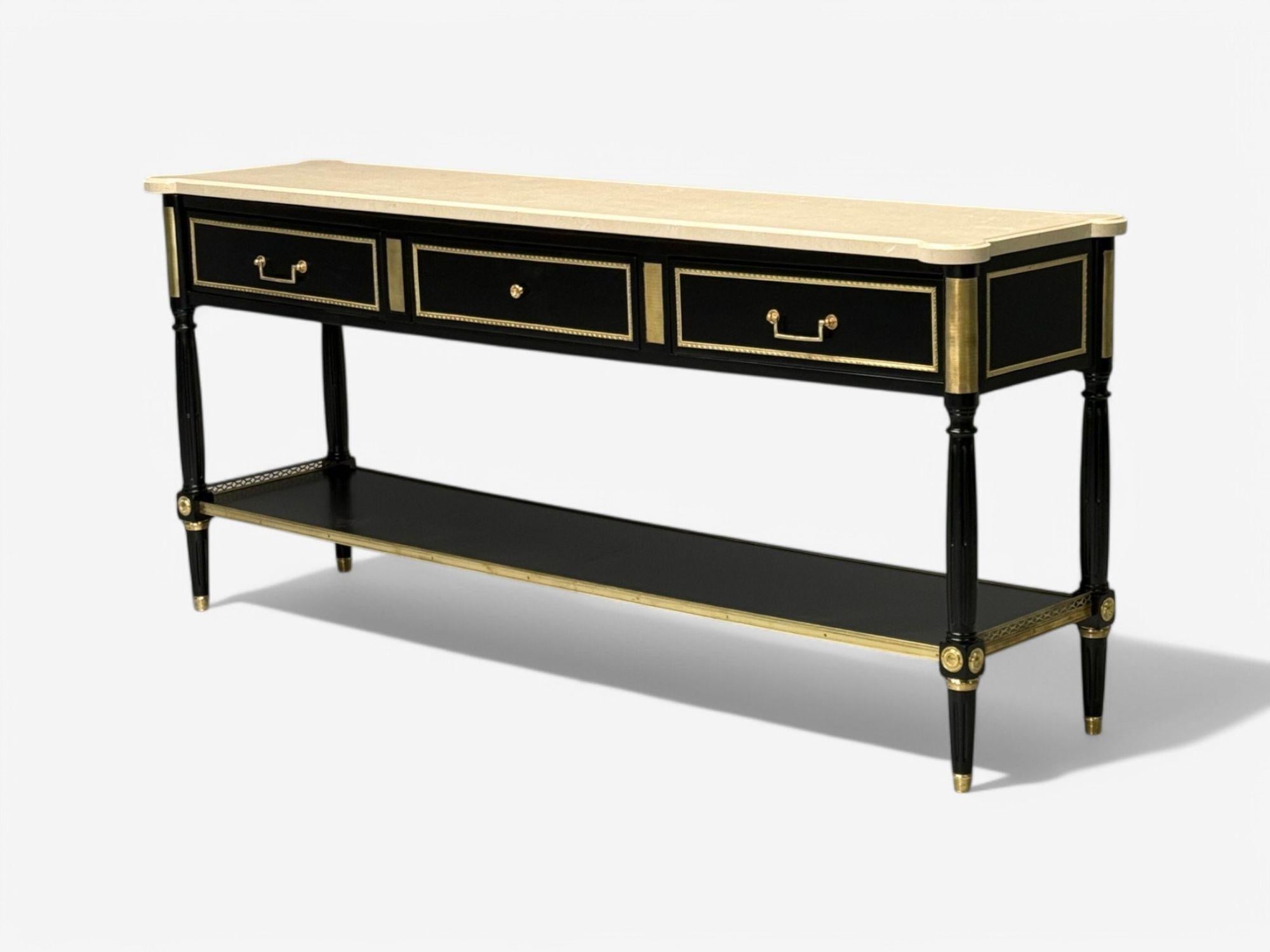 Maison Jansen Attribution, French Louis XVI, Satin Black Mahogany, Bronze, Marble, Large Console Table, France, 1940s

Large Hollywood regency console table or sideboard attributed to Maison Jansen. Finely refinished in a recent black satin with