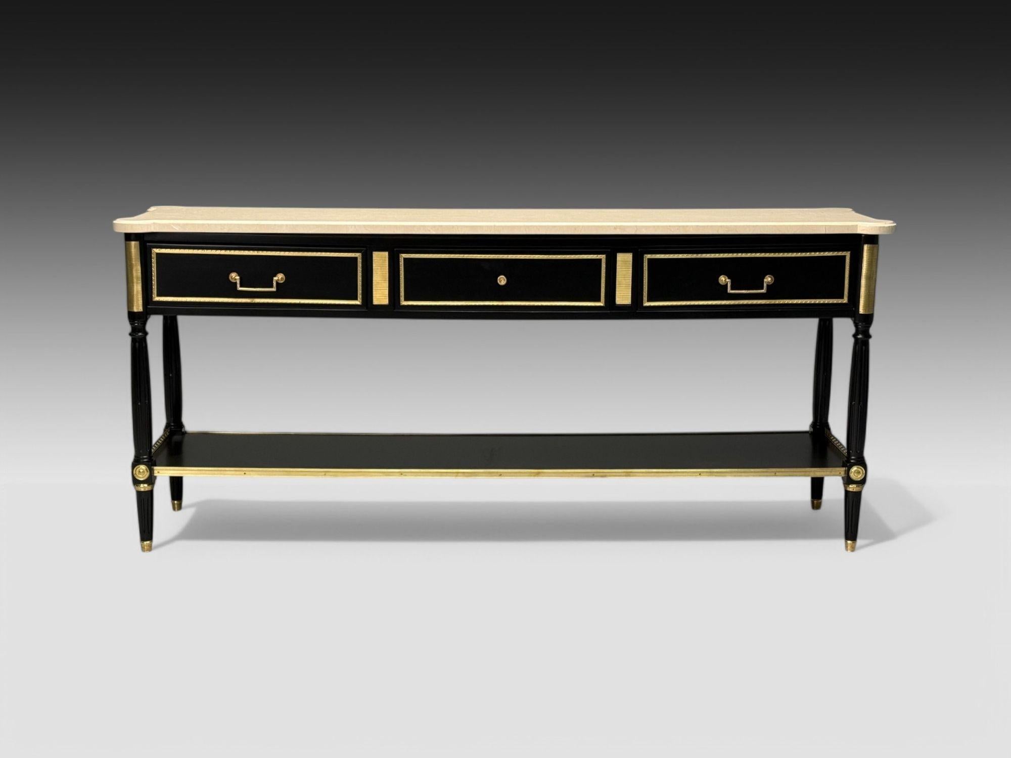 French Maison Jansen attr, Hollywood Regency, Satin Black Mahogany, Large Console Table For Sale
