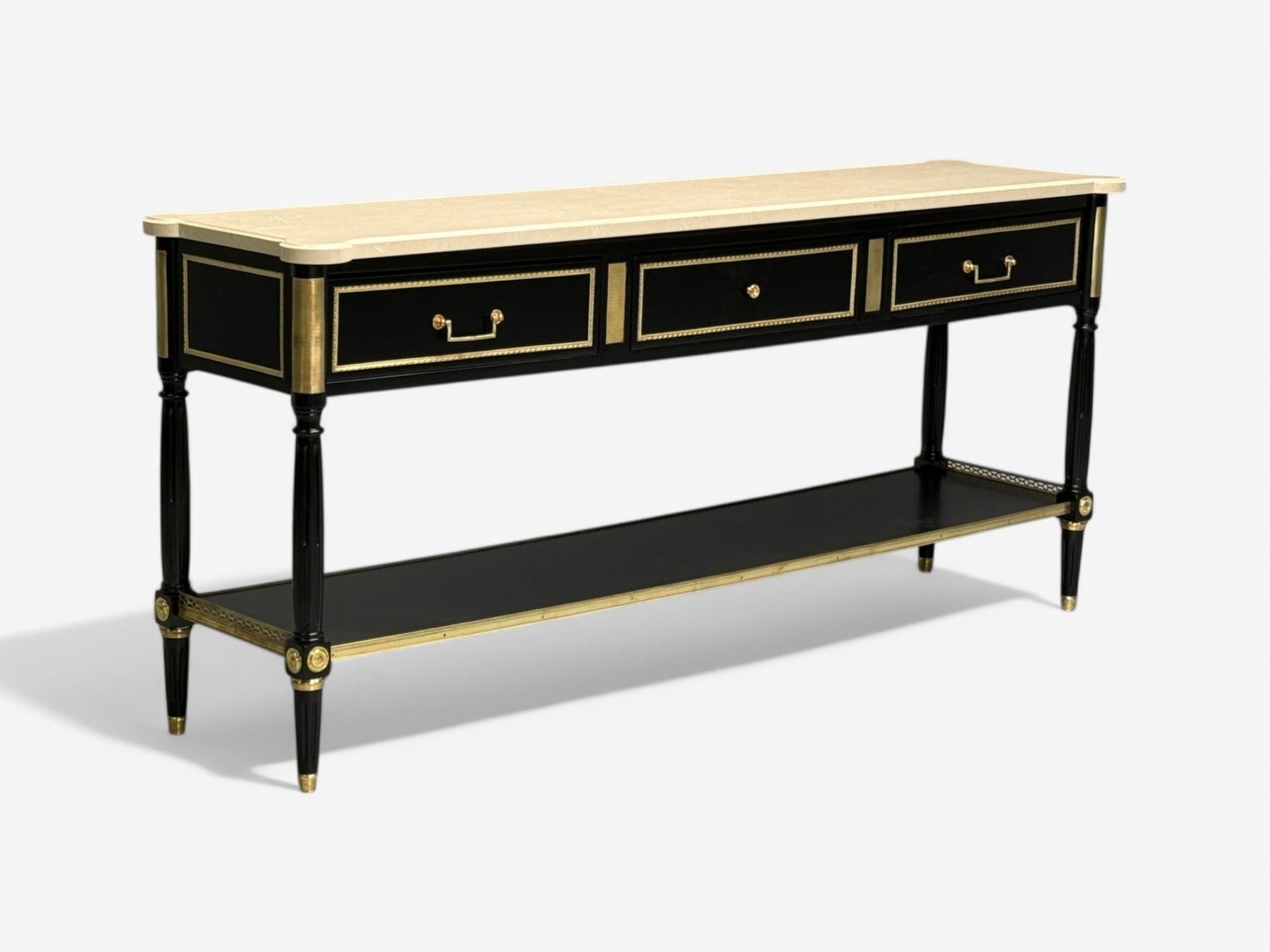 Maison Jansen attr, Hollywood Regency, Satin Black Mahogany, Large Console Table In Good Condition For Sale In Manhasset, NY