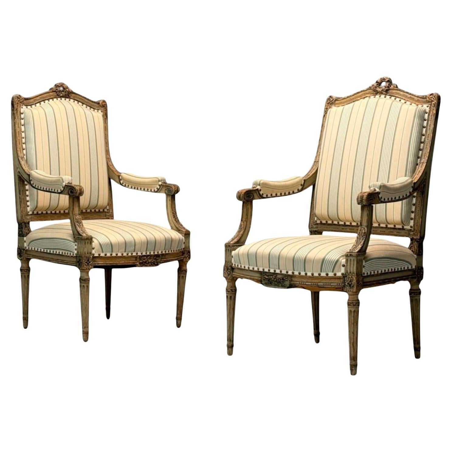 Maison Jansen attr, Louis XVI, Painted Wood, Fabric, Arm Chairs, France, 1940s