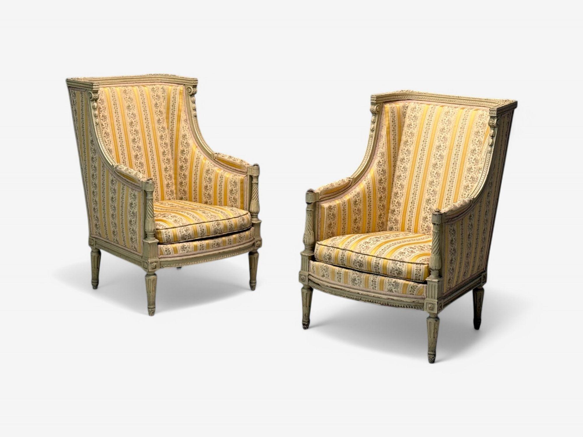 Maison Jansen attr, Louis XVI Style, Painted Wood, Lounge Chairs, France, 1920s

Pair of Maison Jansen attrib. Louis XVI Style French wingback or armchairs in a Swedish style finish. These tall and sleek impressive arm chairs depict the finest