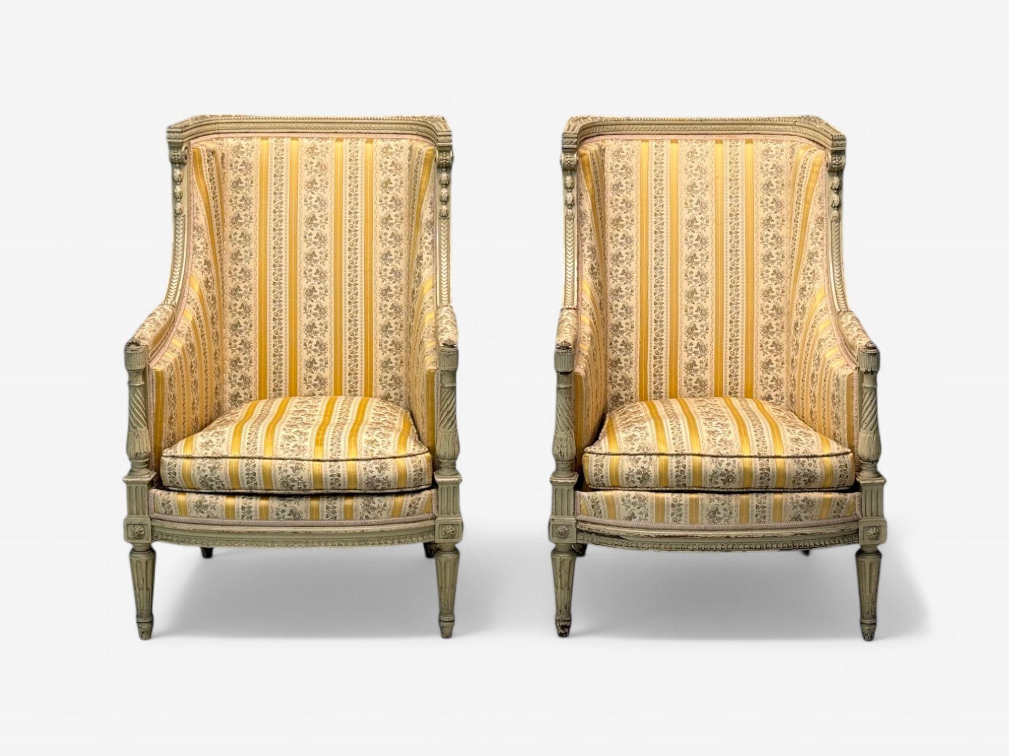 French Maison Jansen attr, Louis XVI Style, Painted Wood, Lounge Chairs, France, 1920s For Sale