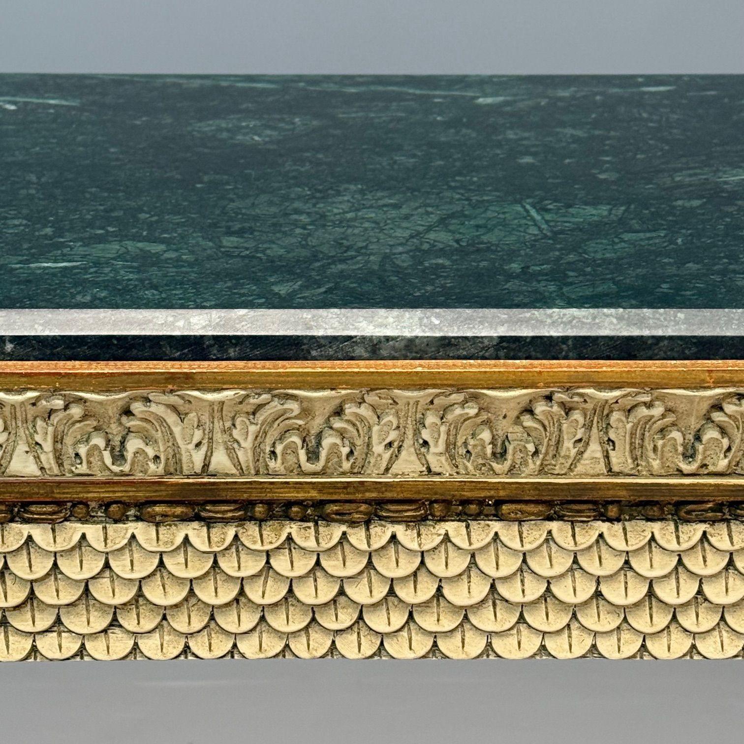 Consoles de style néoclassique Maison Jansen, bois sculpté, marbre vert 2