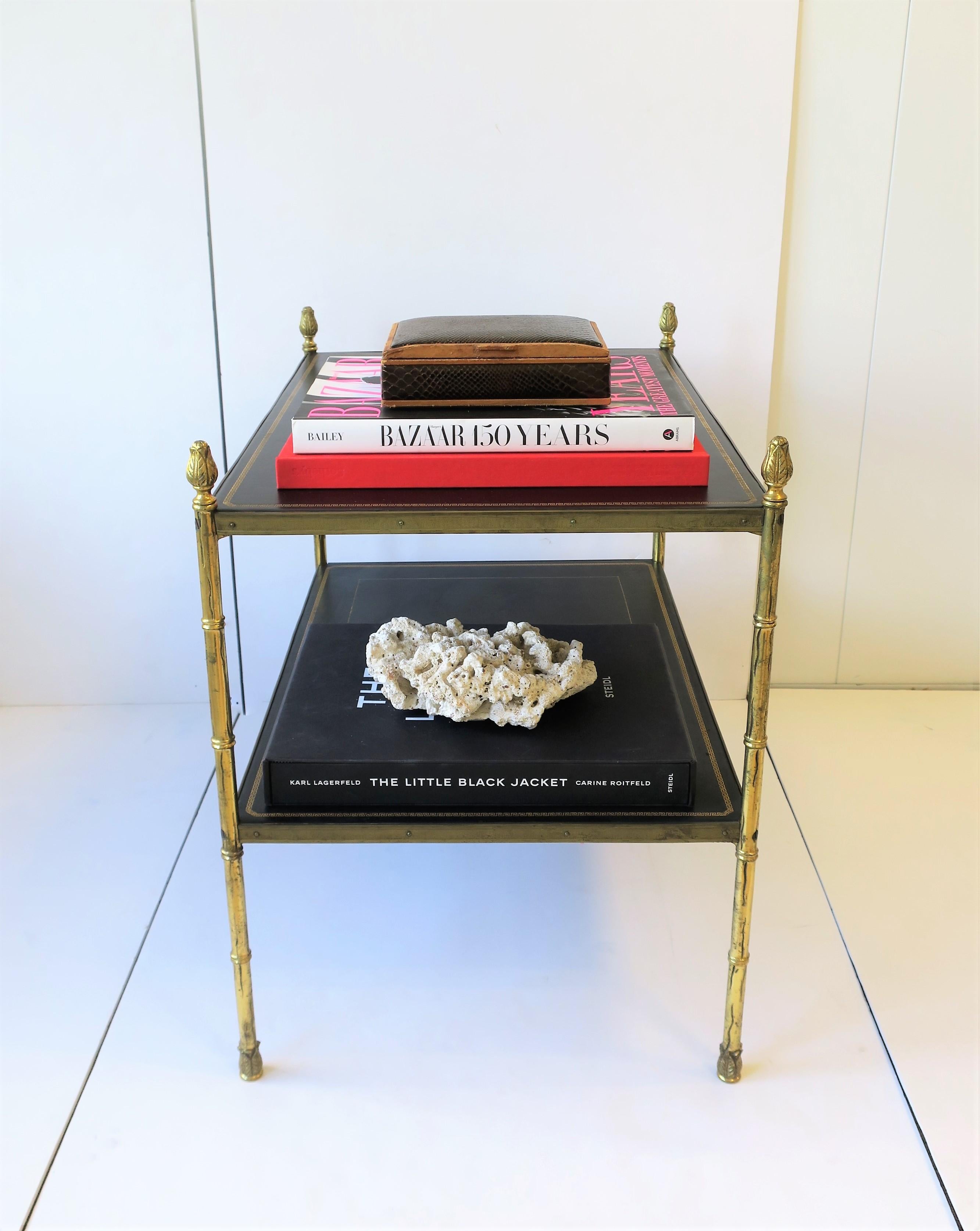 Embossed Maison Jansen Attributed Brass and Black Leather Two-Tier End Table from Spain