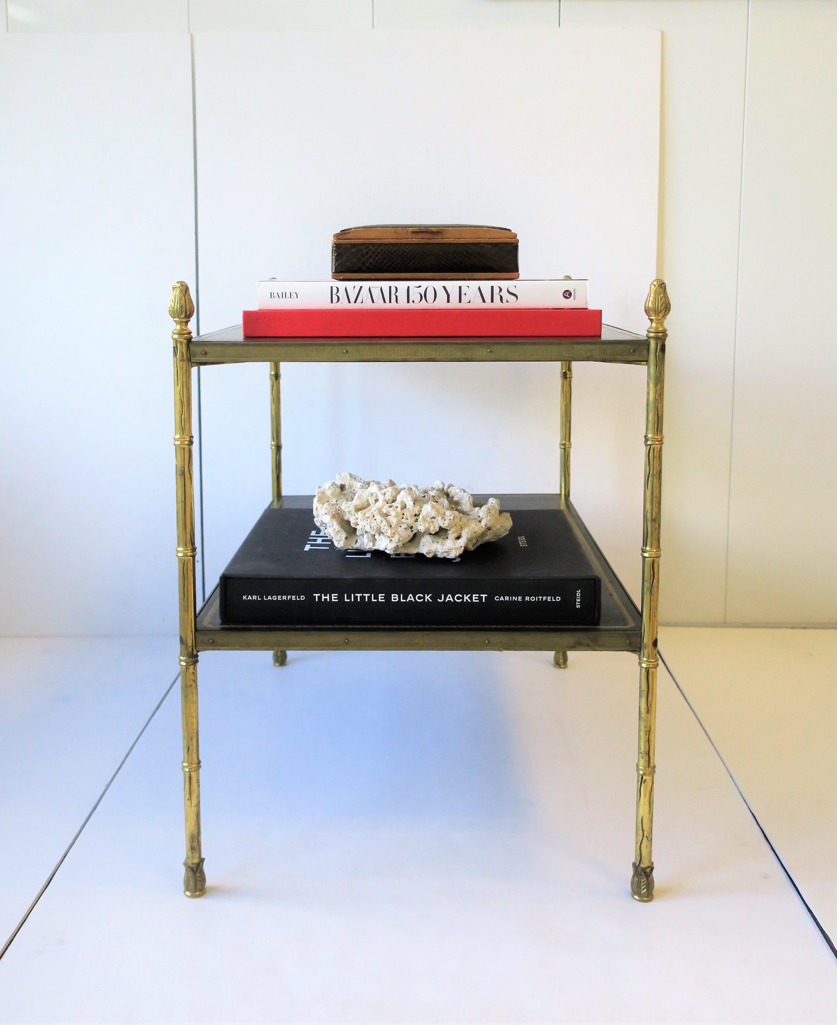 Maison Jansen Attributed Brass and Black Leather Two-Tier End Table from Spain In Good Condition In New York, NY