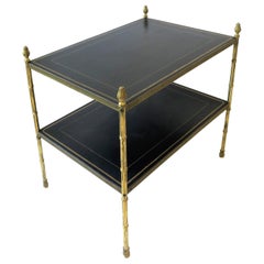 Maison Jansen Attributed Brass and Black Leather Two-Tier End Table from Spain