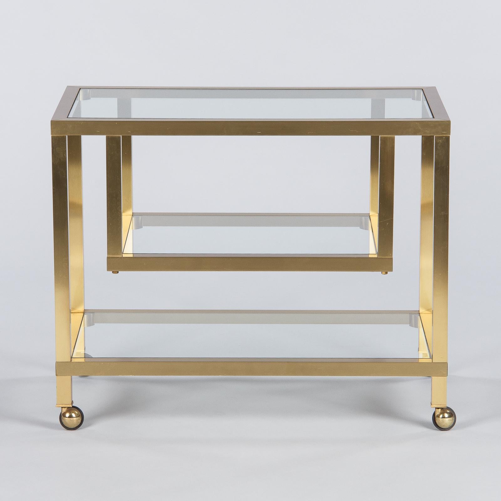 Maison Jansen Attributed Brass Bar Cart with Glass Tops, France, 1970s 9