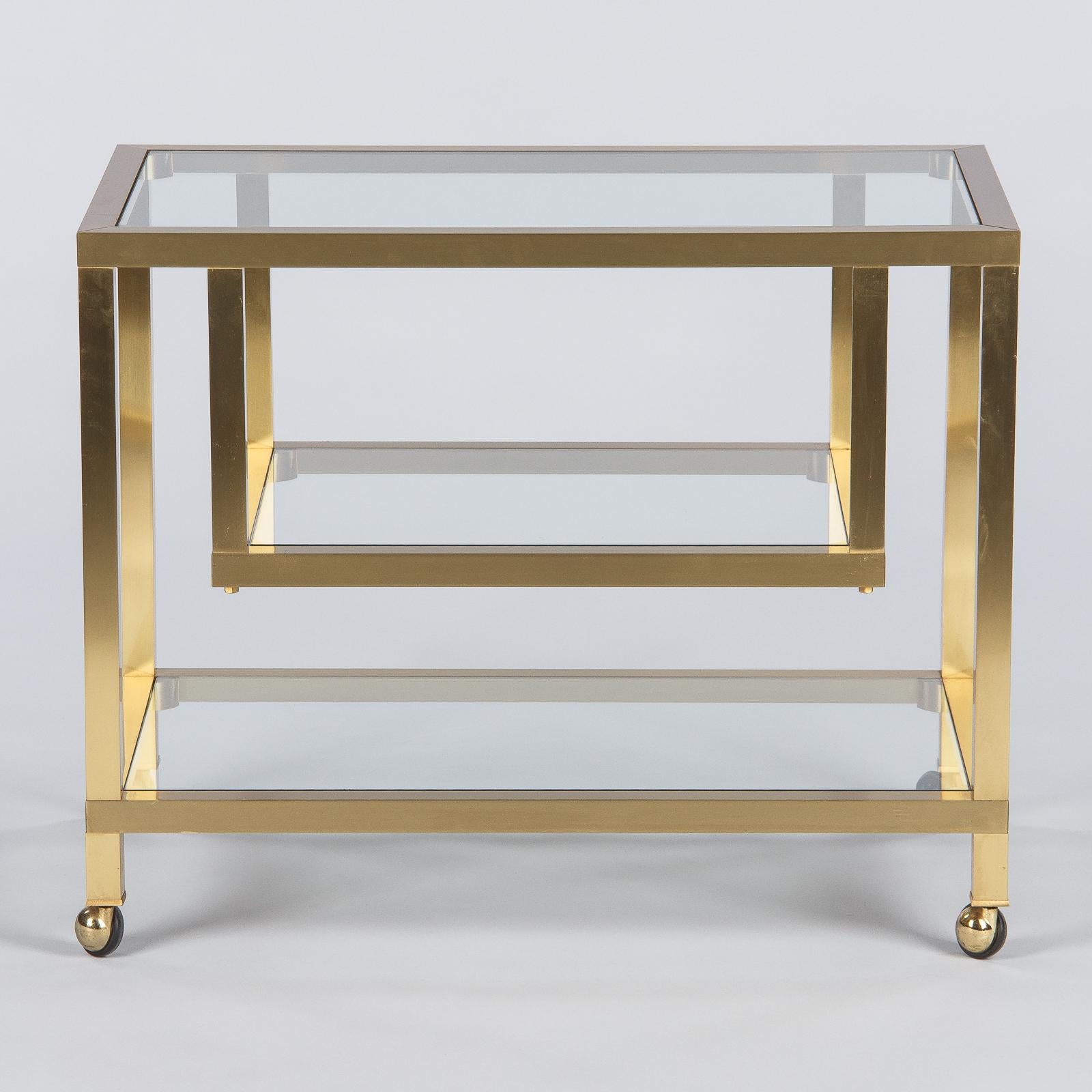 Modern Maison Jansen Attributed Brass Bar Cart with Glass Tops, France, 1970s