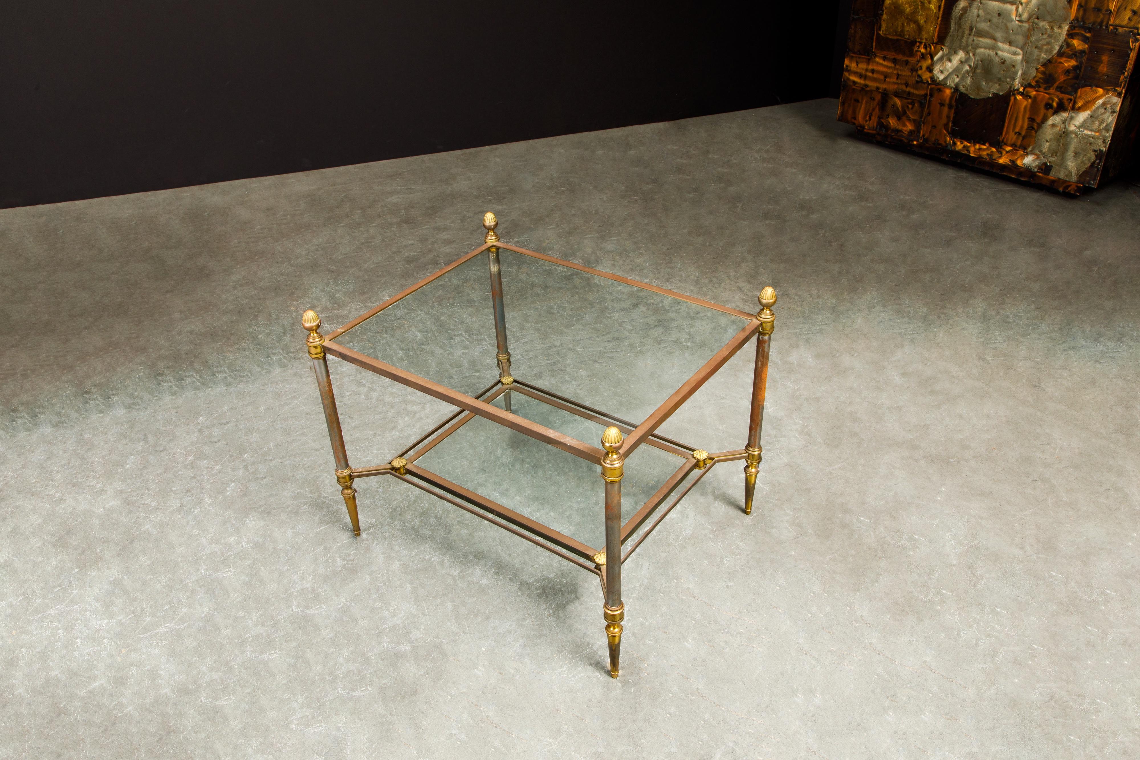 Maison Jansen Attributed Brass, Steel and Glass Tiered Side Table, circa 1960  For Sale 4