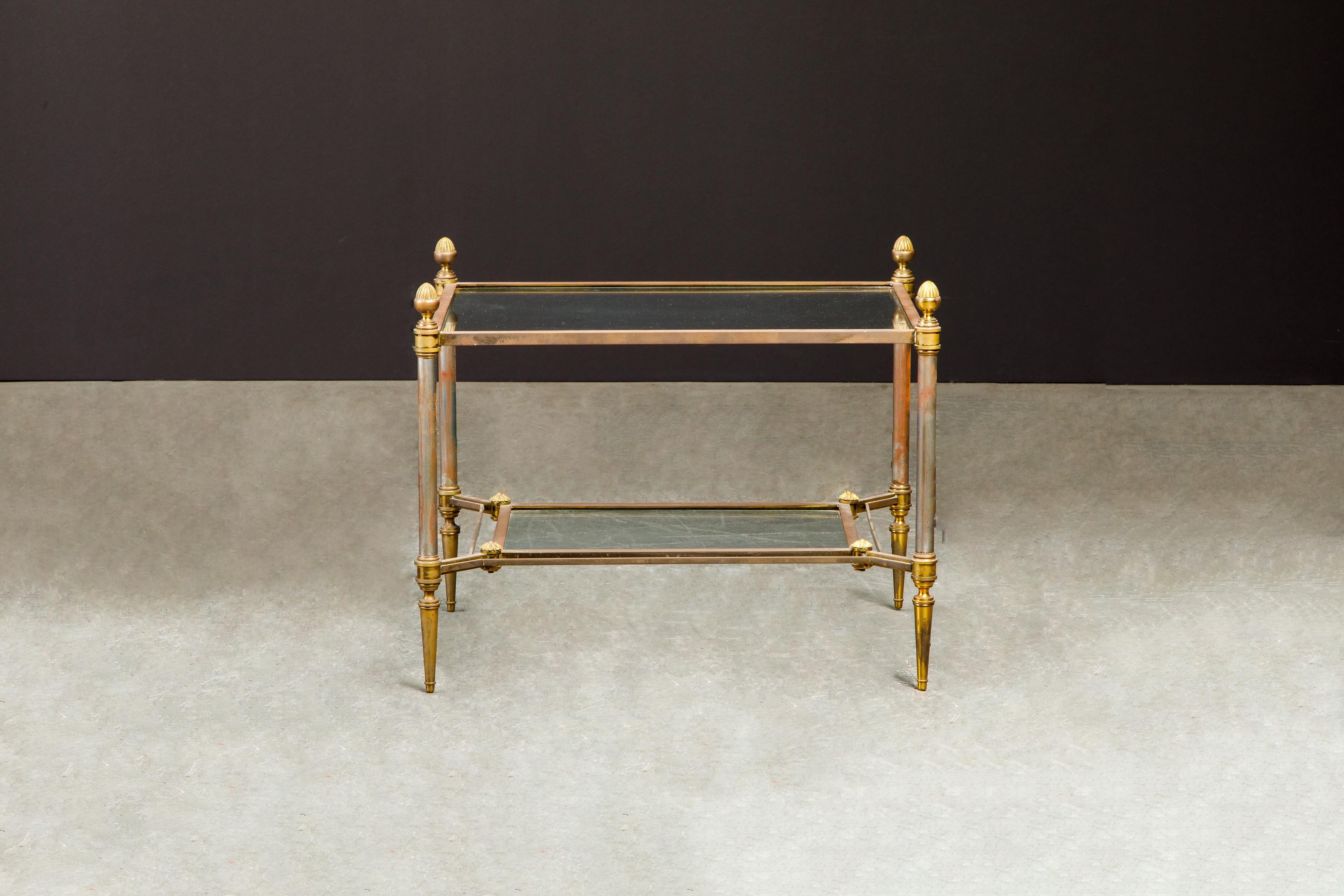 Mid-Century Modern Maison Jansen Attributed Brass, Steel and Glass Tiered Side Table, circa 1960  For Sale