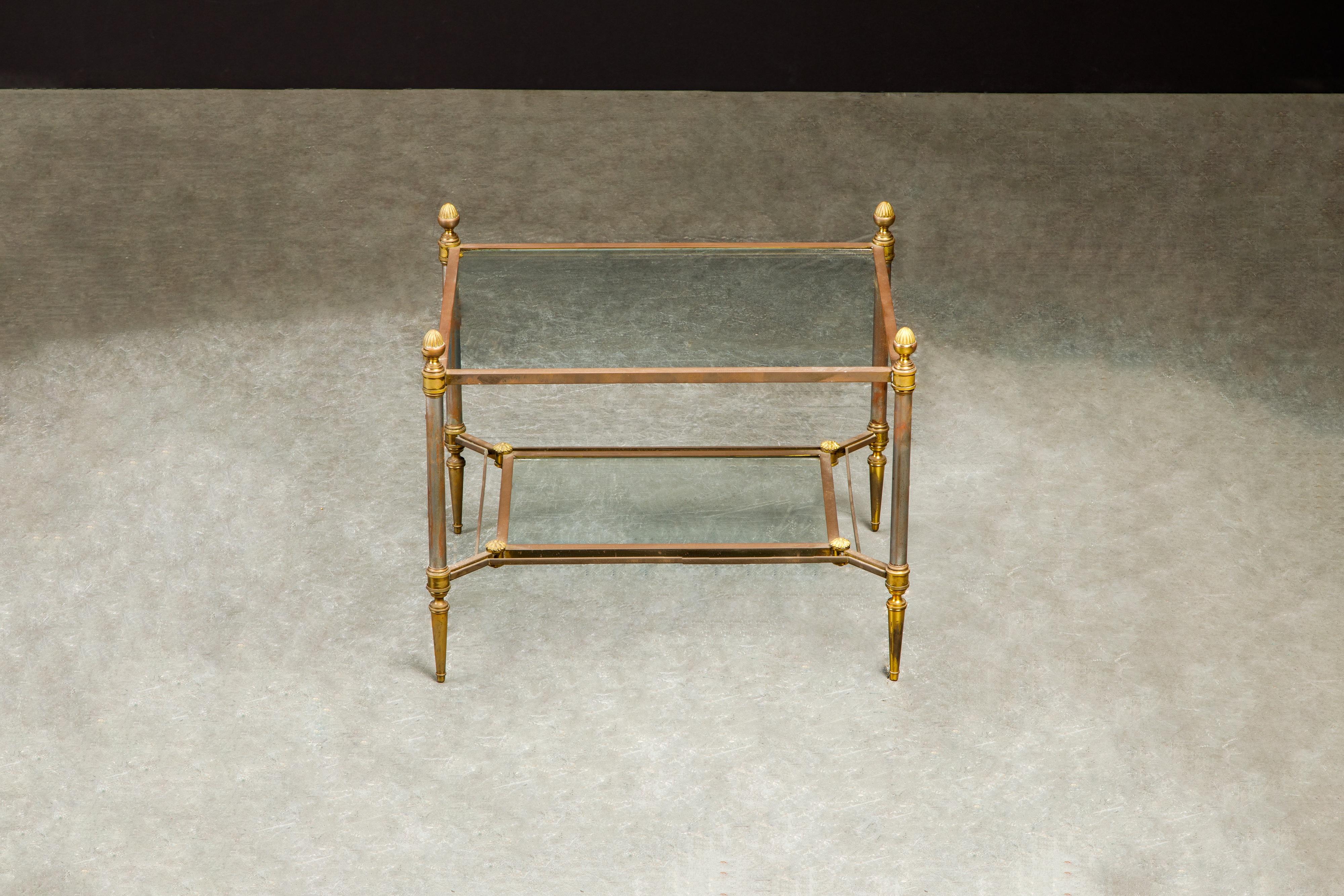 French Maison Jansen Attributed Brass, Steel and Glass Tiered Side Table, circa 1960  For Sale