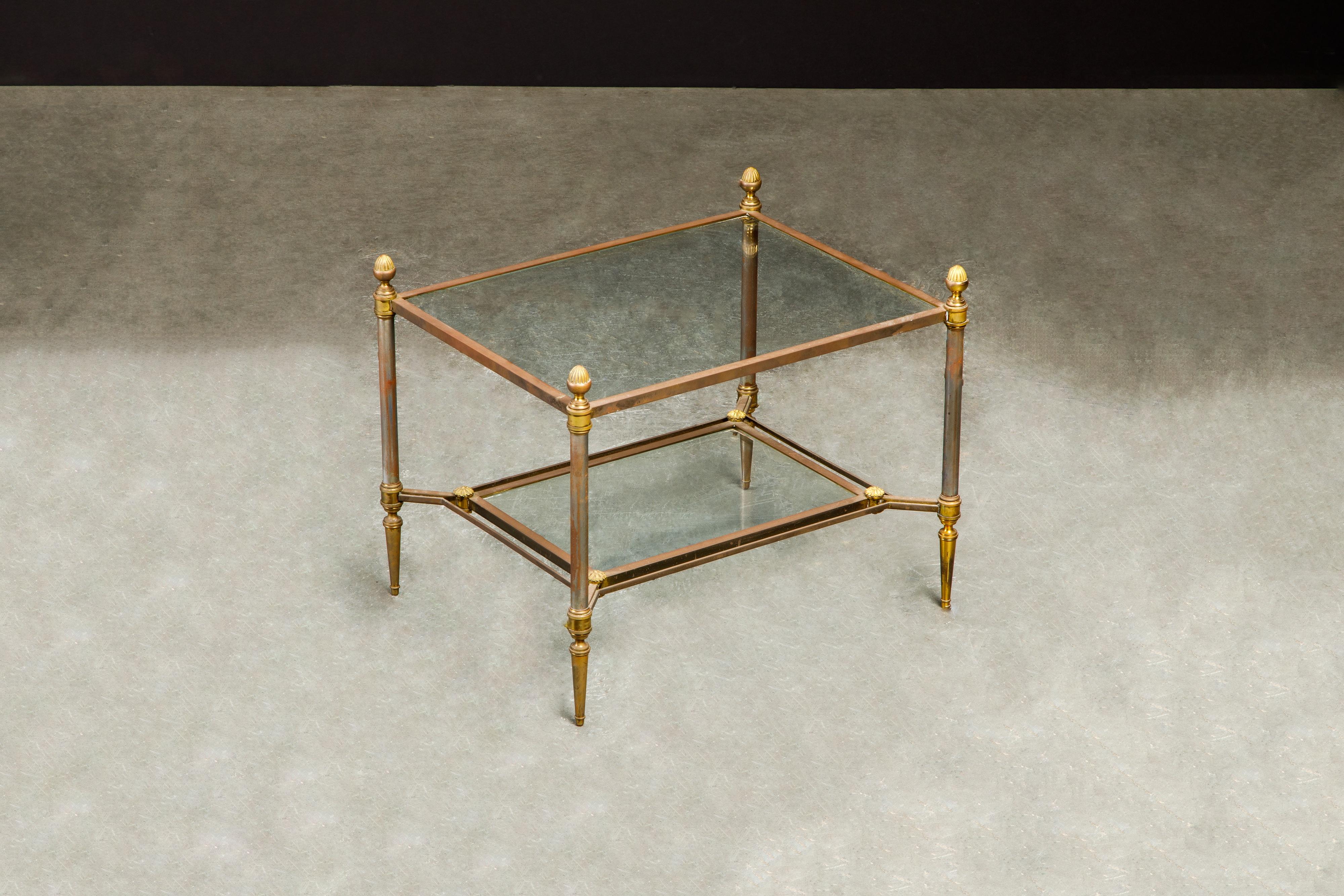 Maison Jansen Attributed Brass, Steel and Glass Tiered Side Table, circa 1960  In Good Condition For Sale In Los Angeles, CA