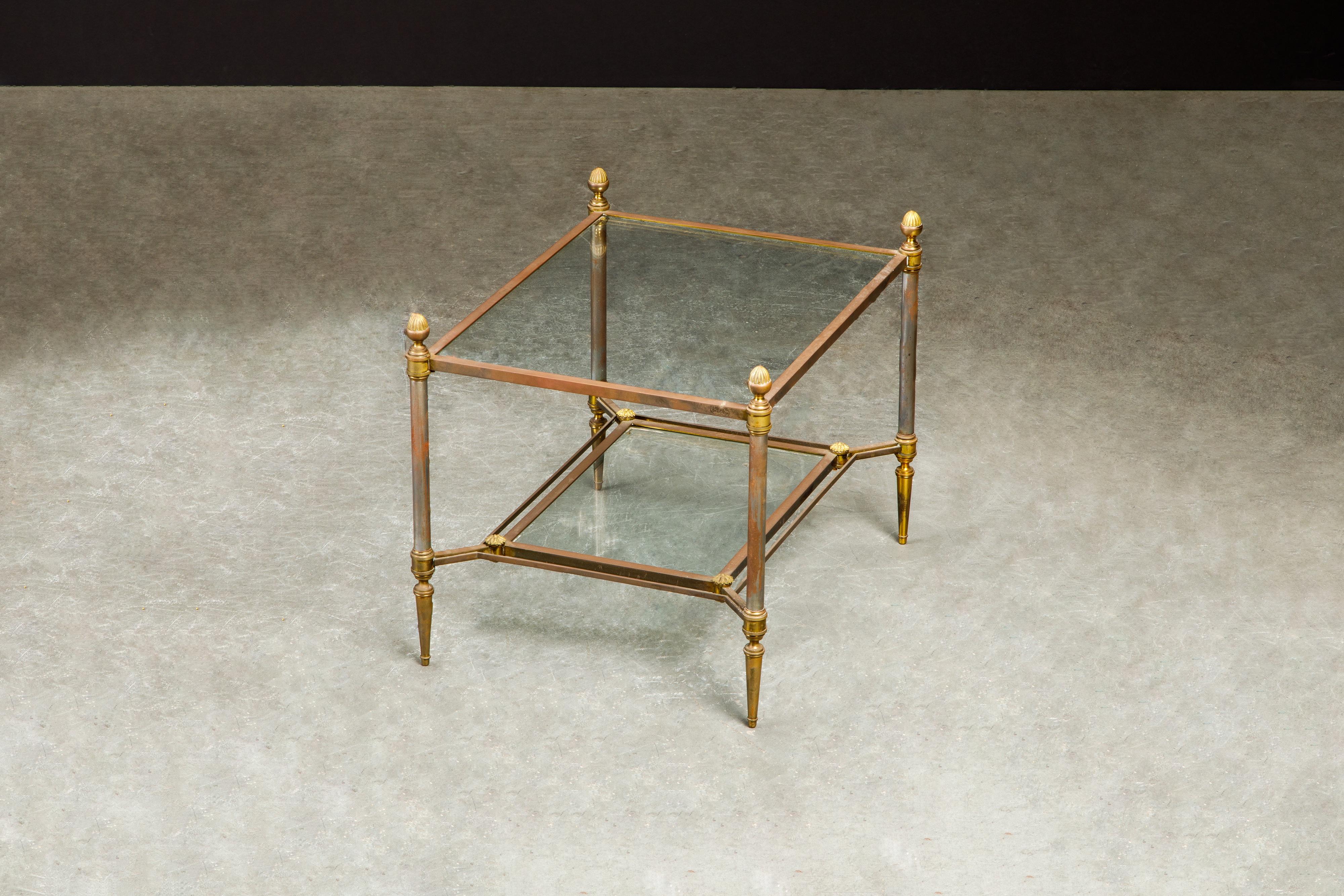 Mid-20th Century Maison Jansen Attributed Brass, Steel and Glass Tiered Side Table, circa 1960  For Sale